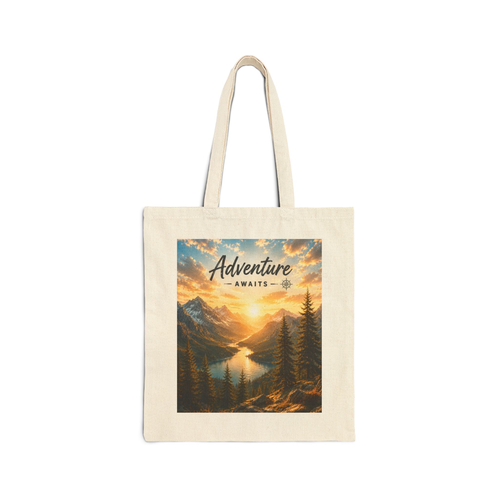 Adventure Awaits Canvas Tote — Scenic Mountain Lake Cotton Bag