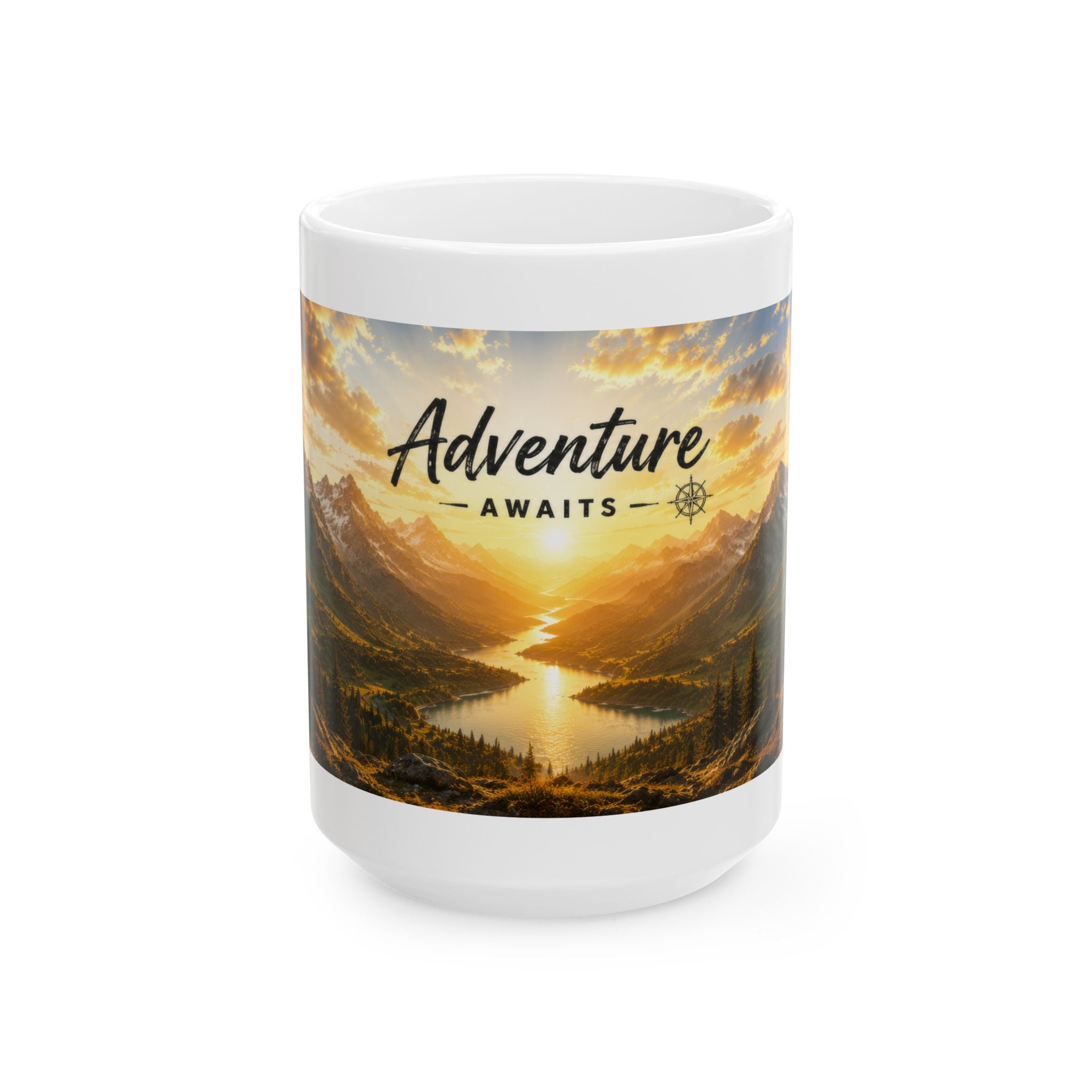 Adventure Ceramic Mug (11oz, 15oz) | Mountain Sunrise Coffee Mug | Planet of Thoughts