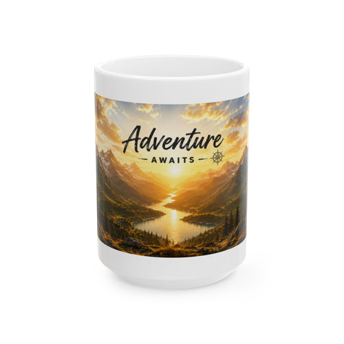 Adventure Ceramic Mug (11oz, 15oz) | Mountain Sunrise Coffee Mug | Planet of Thoughts