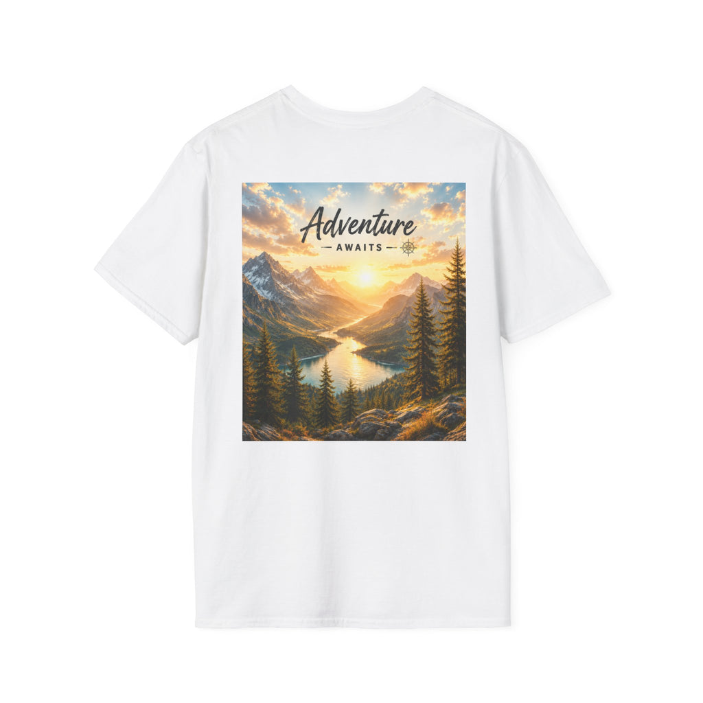Adventure Awaits T-Shirt — Scenic Mountain Sunset Travel Tee