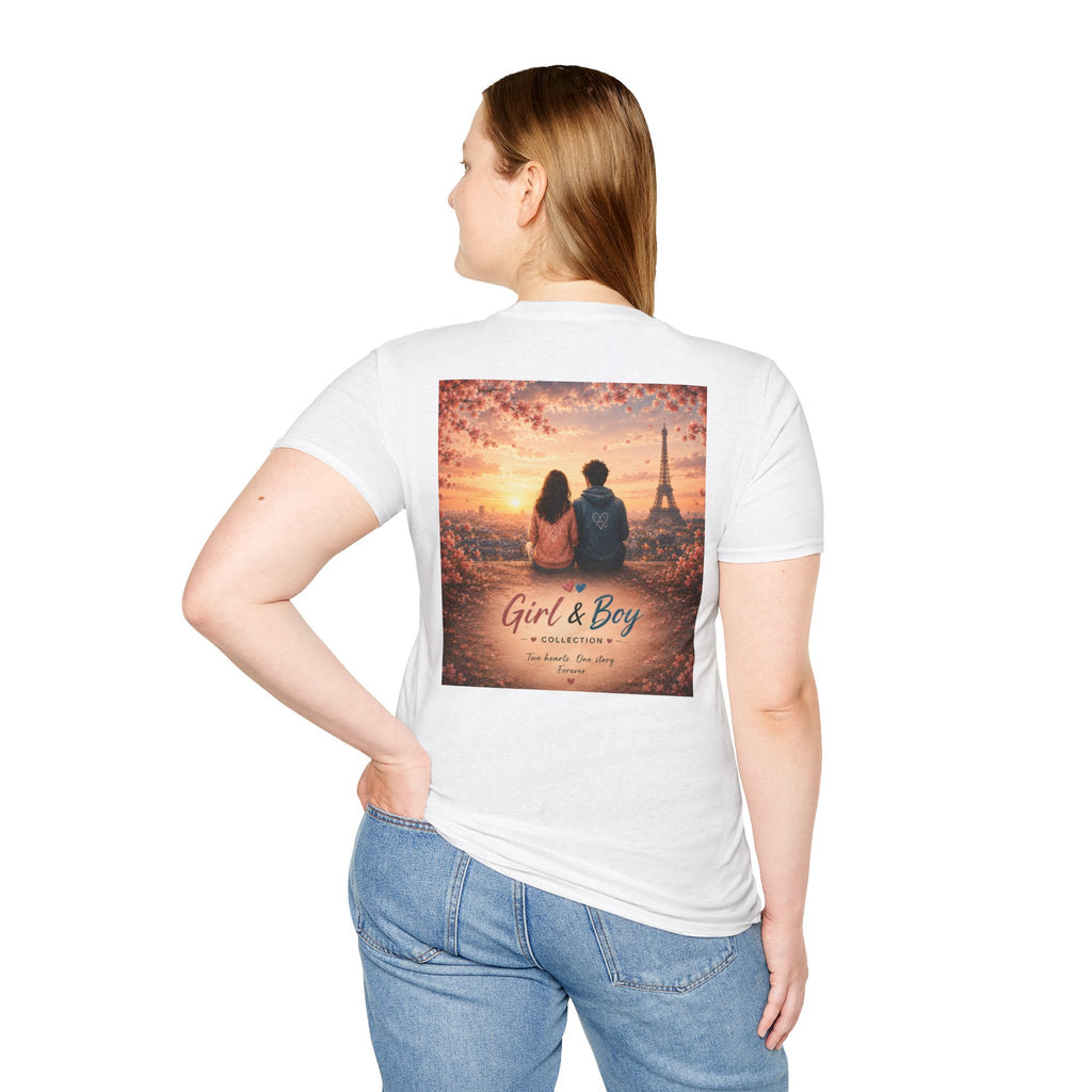Girl & Boy T-Shirt — Couple in Paris Sunset Eiffel Romance Tee