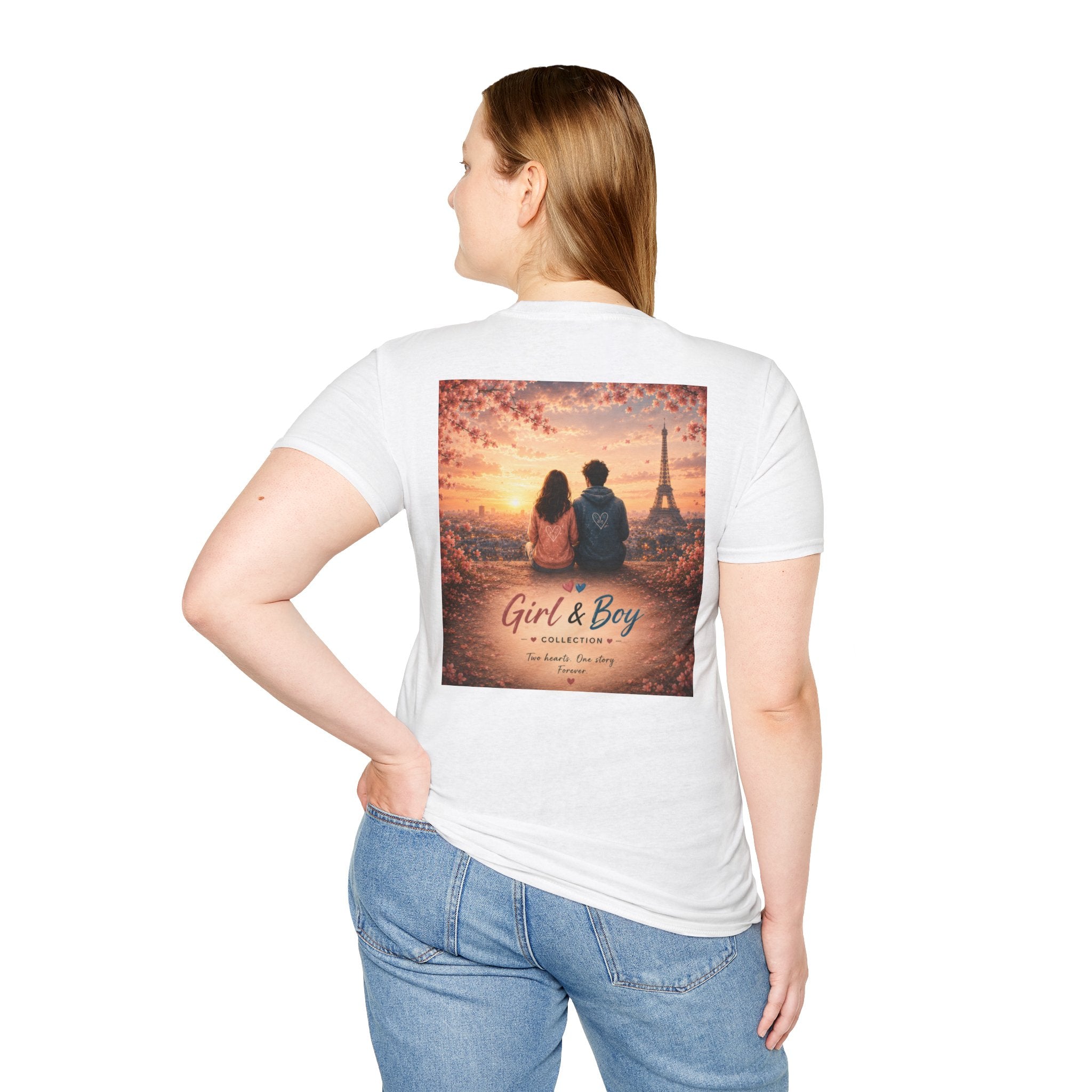 Girl & Boy T-Shirt — Couple in Paris Sunset Eiffel Romance Tee