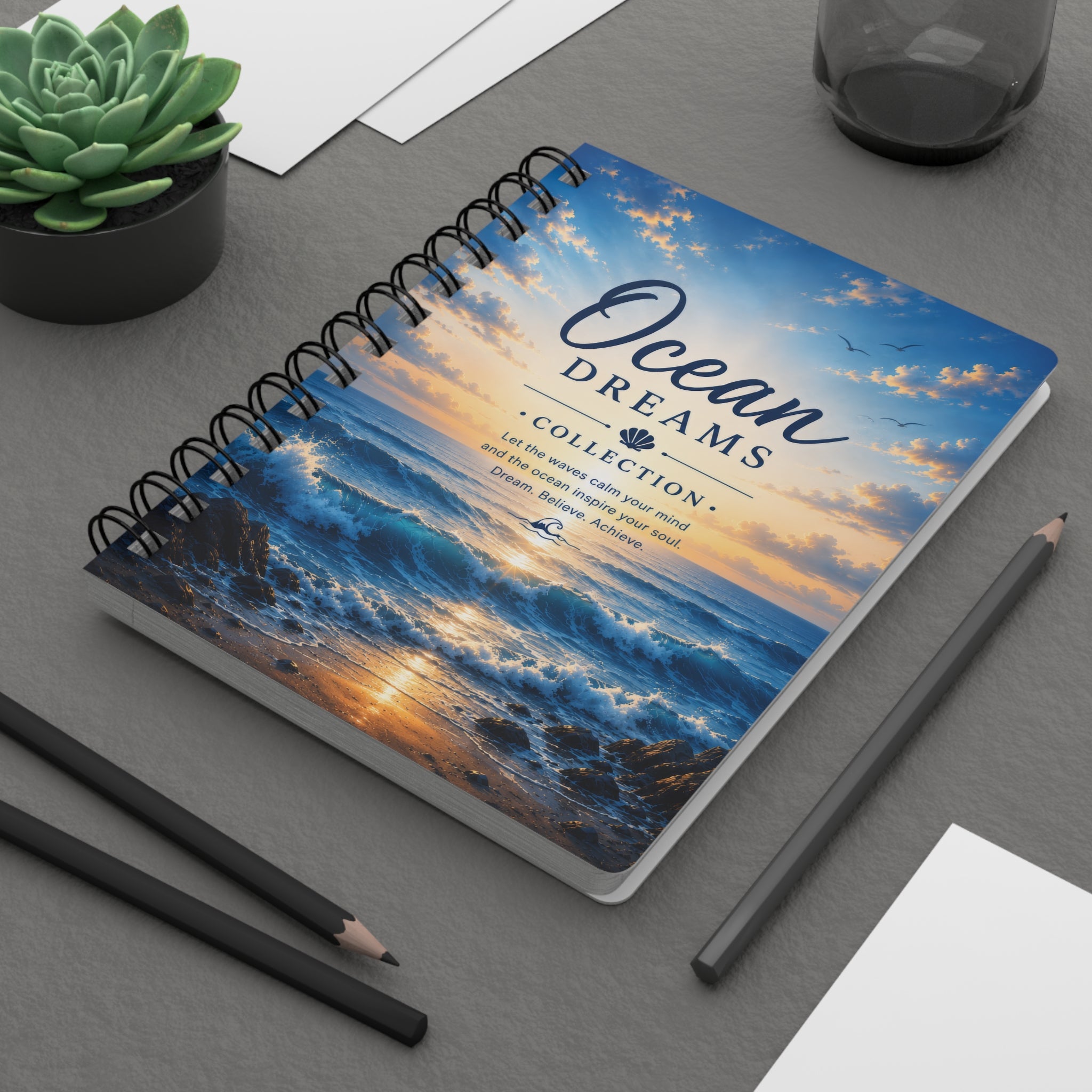 Ocean Dreams Spiral Journal — Beach Sunset Notebook for Mindful Writing & Travel Notes