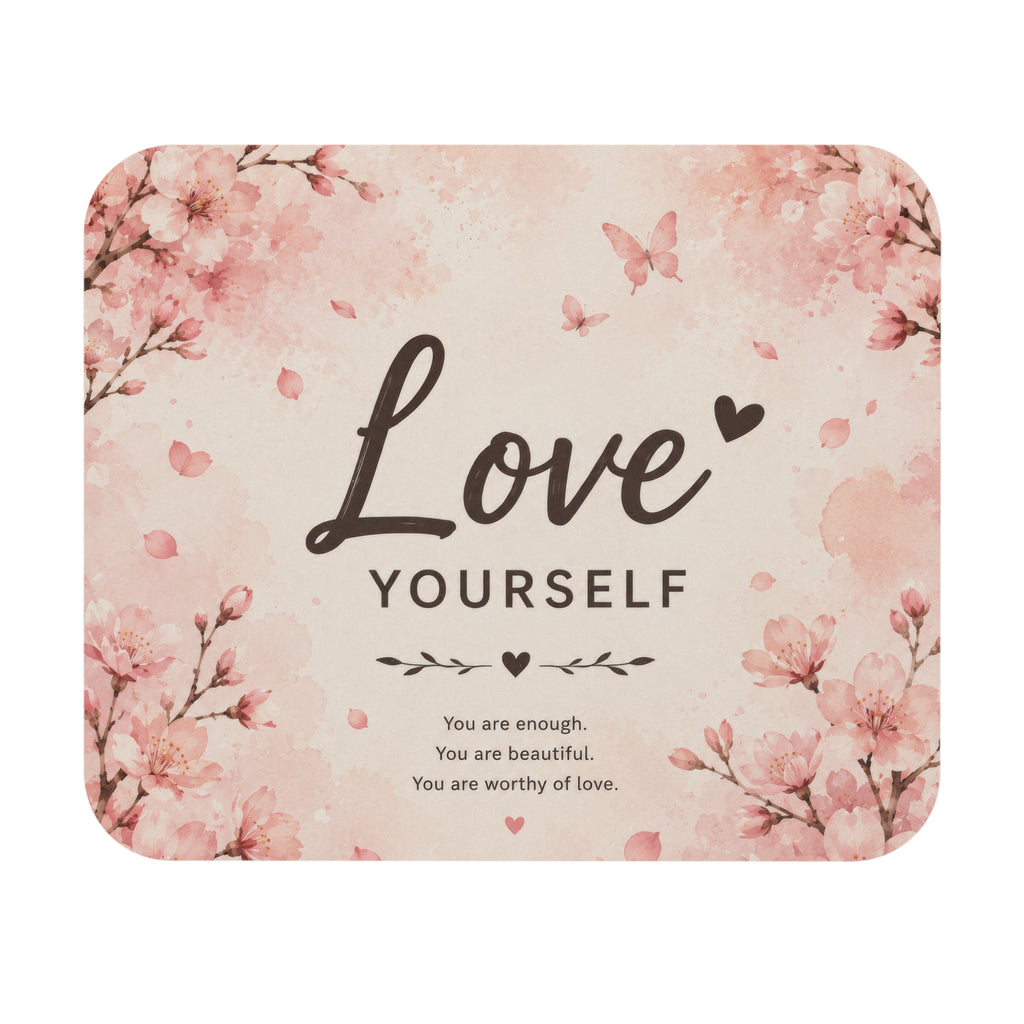 Love Yourself Floral Mouse Pad – Inspirational Cherry Blossom Design | Planet of Thoughts