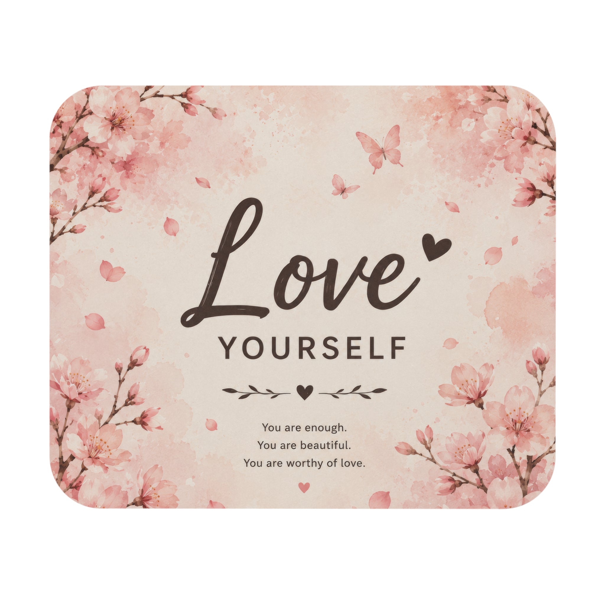 Love Yourself Floral Mouse Pad – Inspirational Cherry Blossom Design | Planet of Thoughts