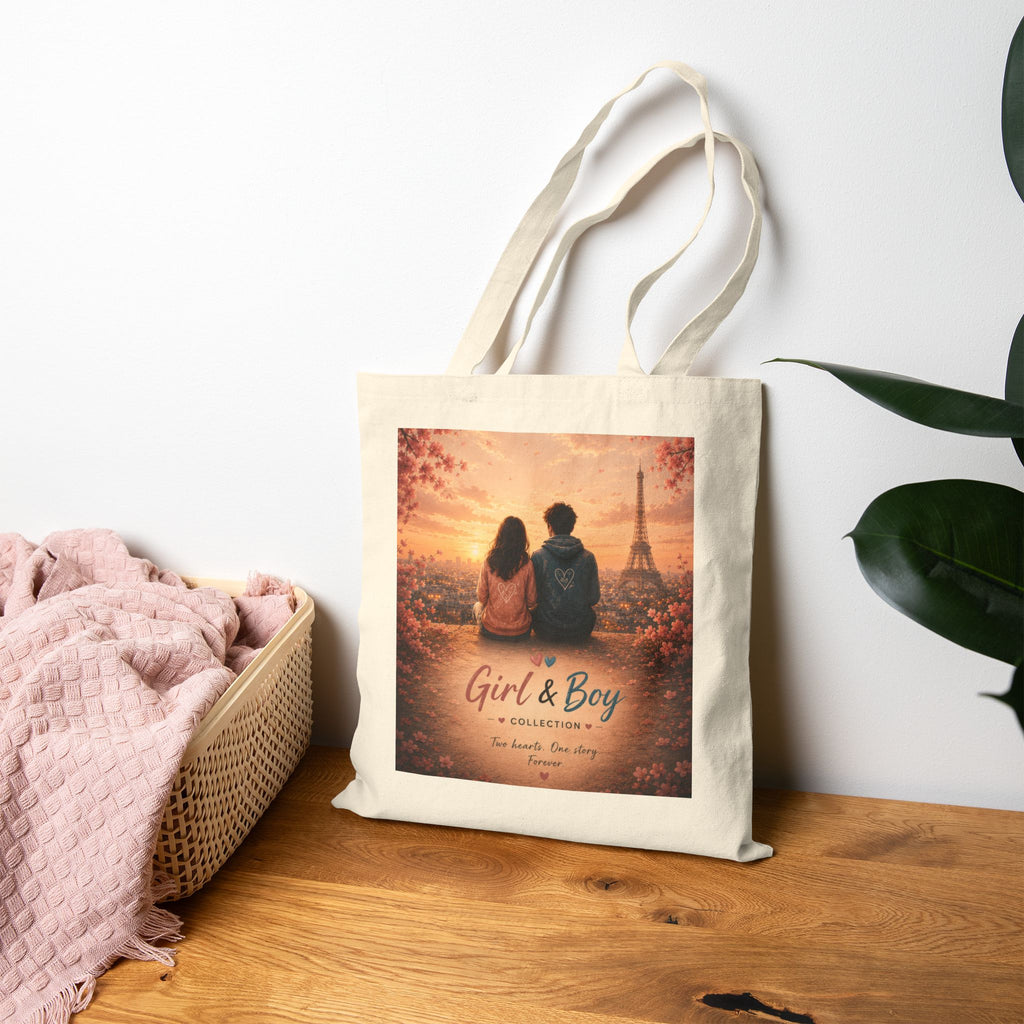 Girl & Boy Romantic Paris Sunset Canvas Tote Bag