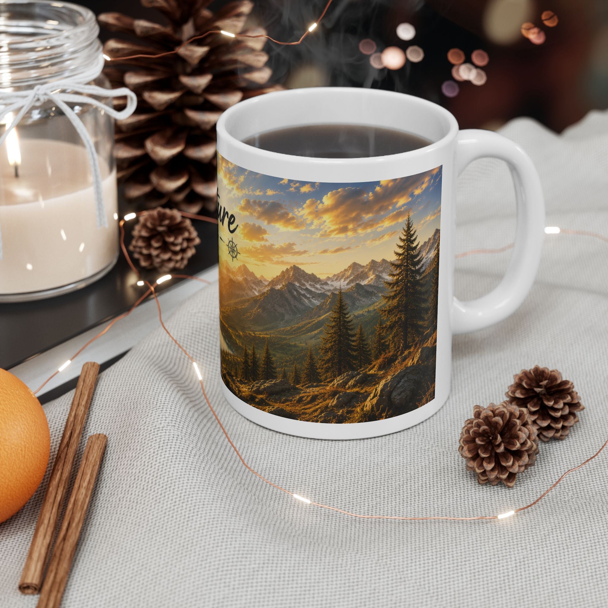Adventure Ceramic Mug (11oz, 15oz) | Mountain Sunrise Coffee Mug | Planet of Thoughts