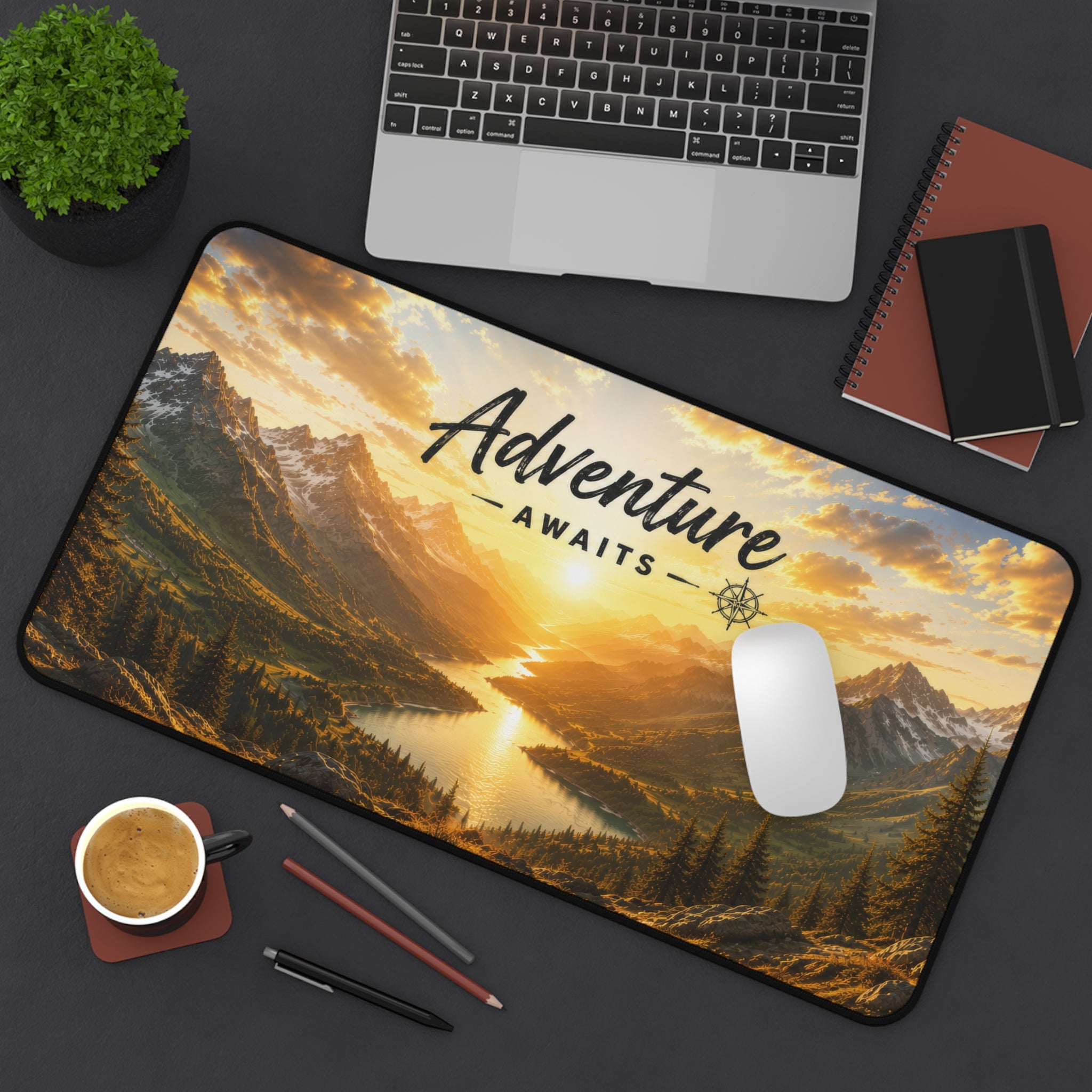 Adventure Awaits Desk Mat – Scenic Sunrise Mountain Mouse Pad | Planet of Thoughts