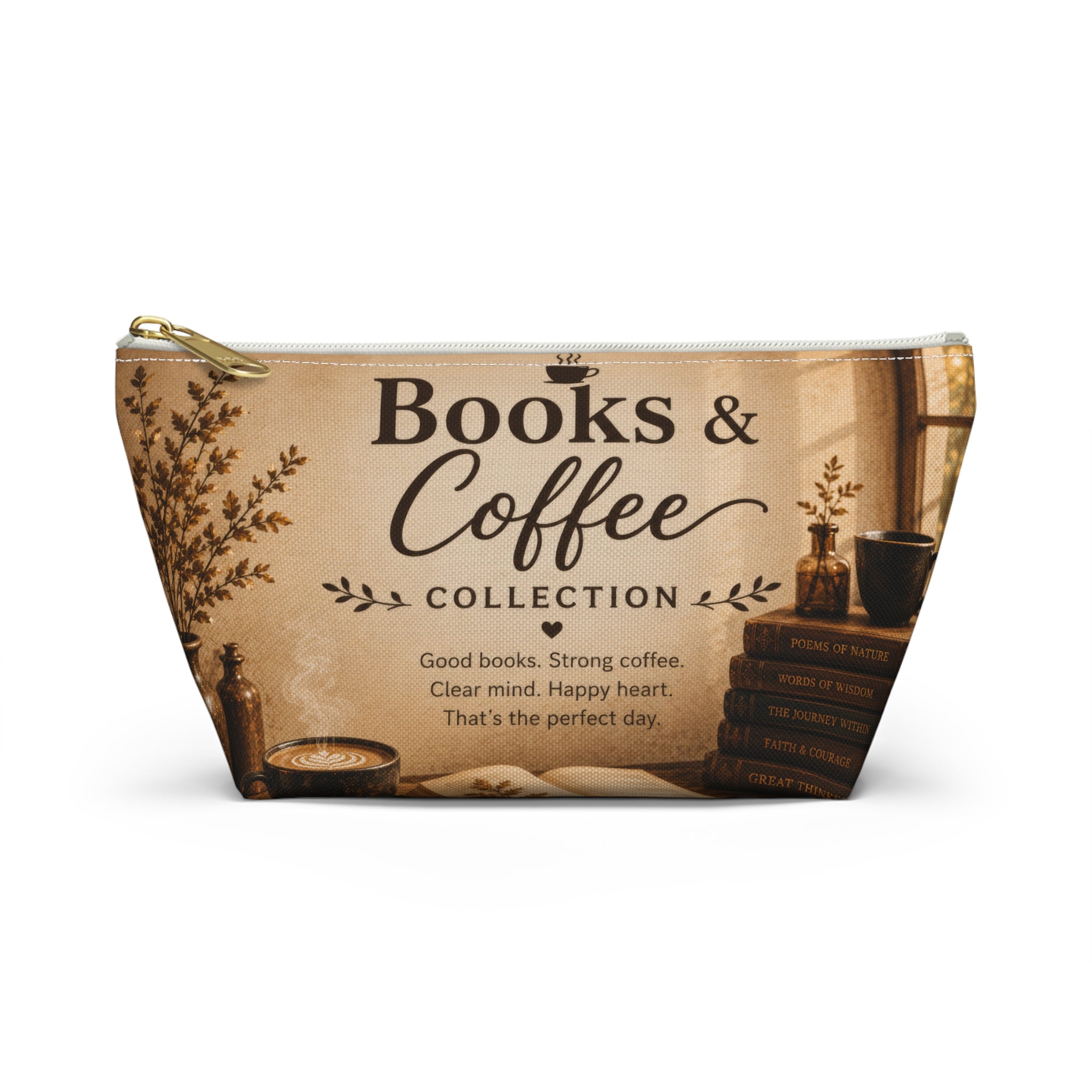 Books & Coffee Accessory Pouch — T-Bottom Makeup Bag for Readers and Coffee Lovers
