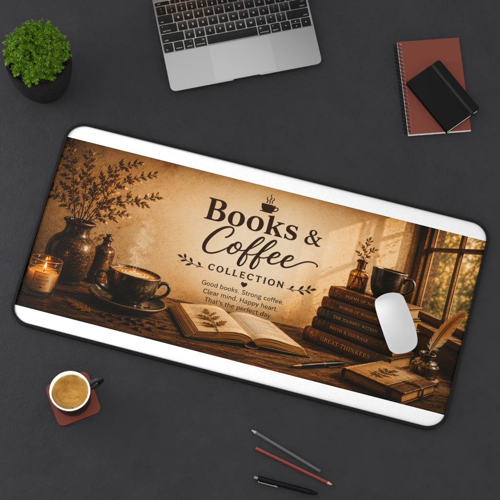 Books & Coffee Landscape Desk Mat — Gaming/Work Mouse Pad