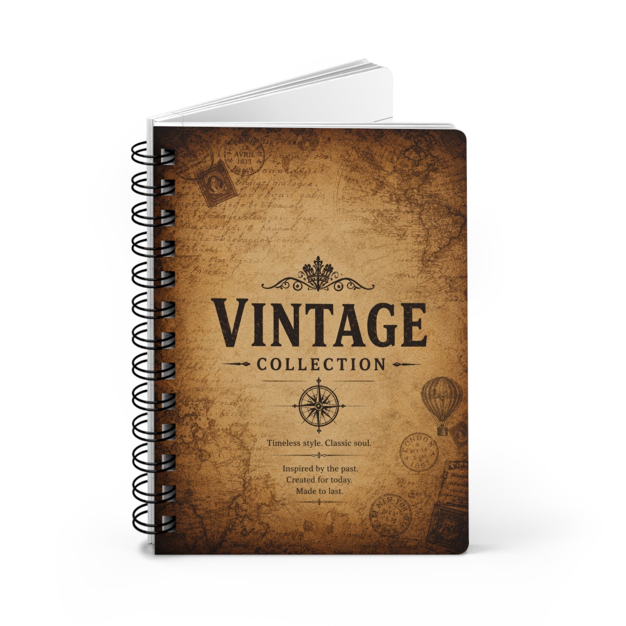 Vintage Spiral Journal – 'Vintage Collection' Travel Notebook, Retro Map & Compass Design
