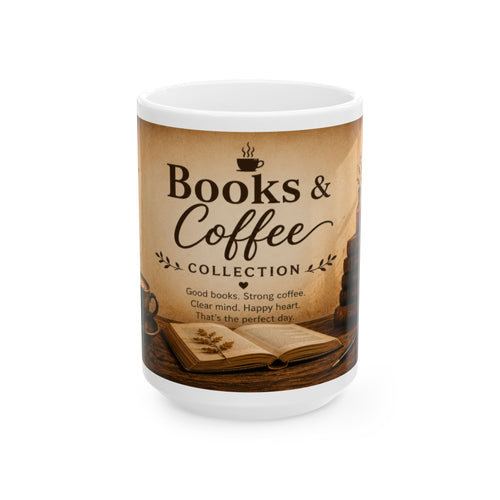 Books & Coffee Ceramic Mug – Cozy Reading Coffee Cup (11oz/15oz)