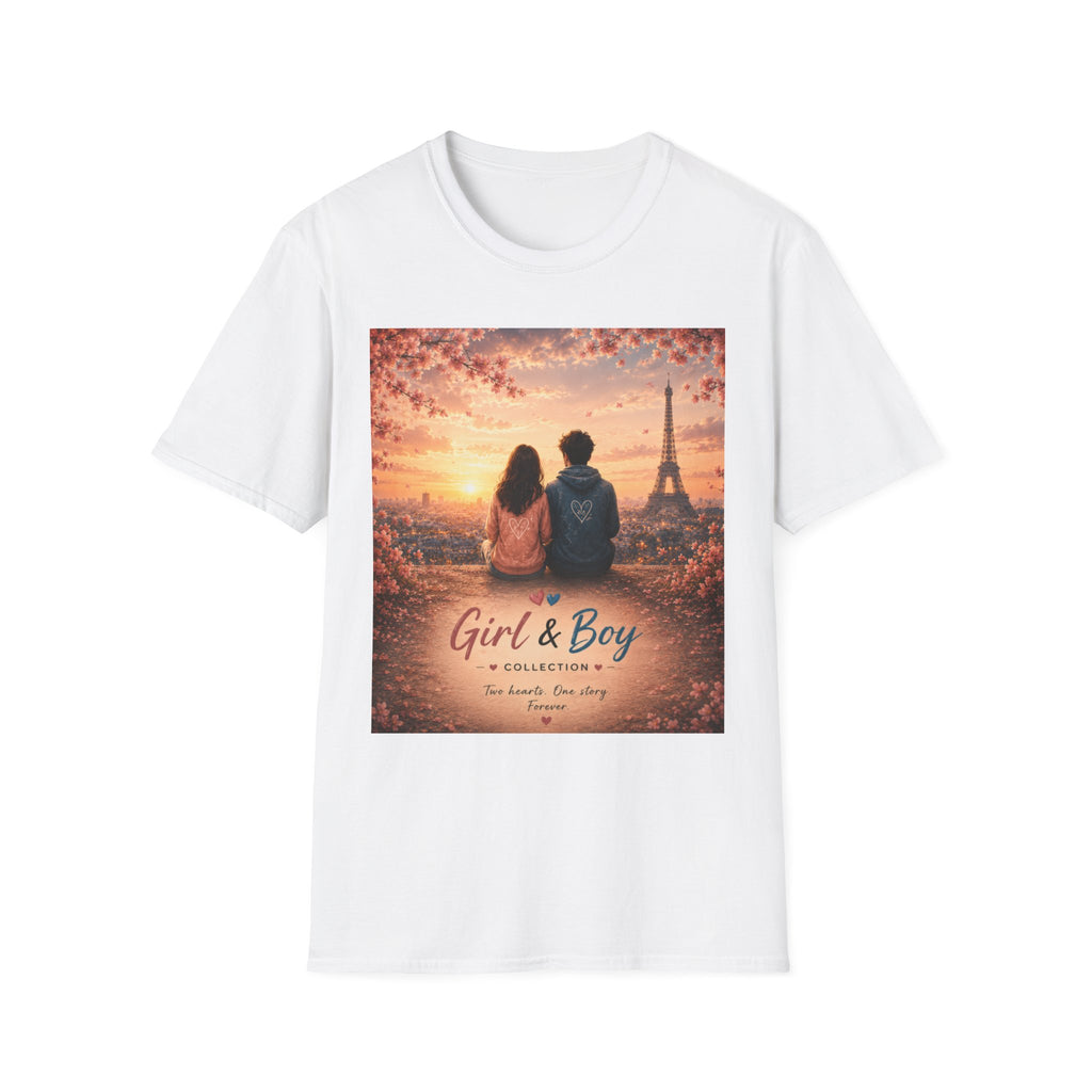 Girl & Boy T-Shirt — Couple in Paris Sunset Eiffel Romance Tee