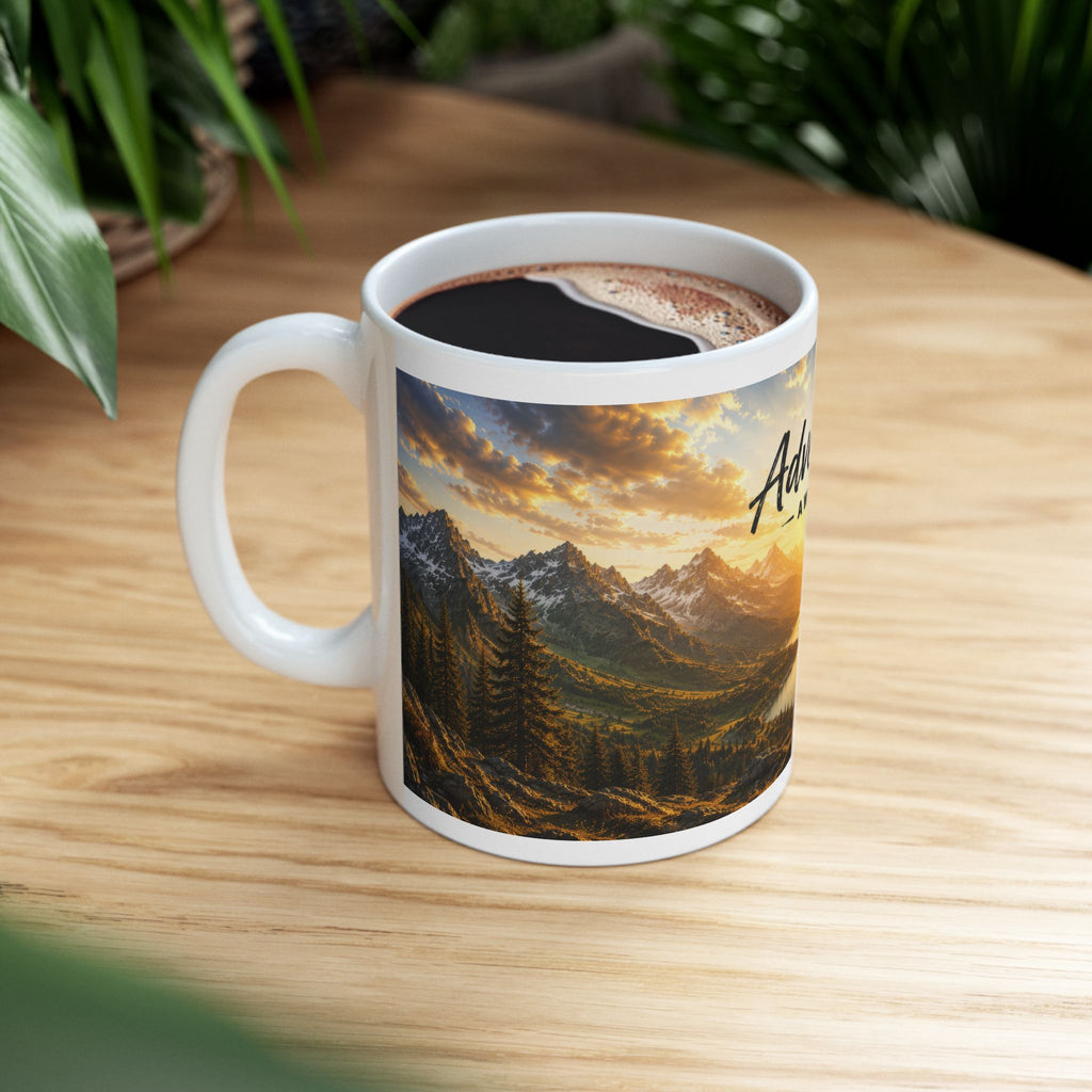 Adventure Ceramic Mug (11oz, 15oz) | Mountain Sunrise Coffee Mug | Planet of Thoughts