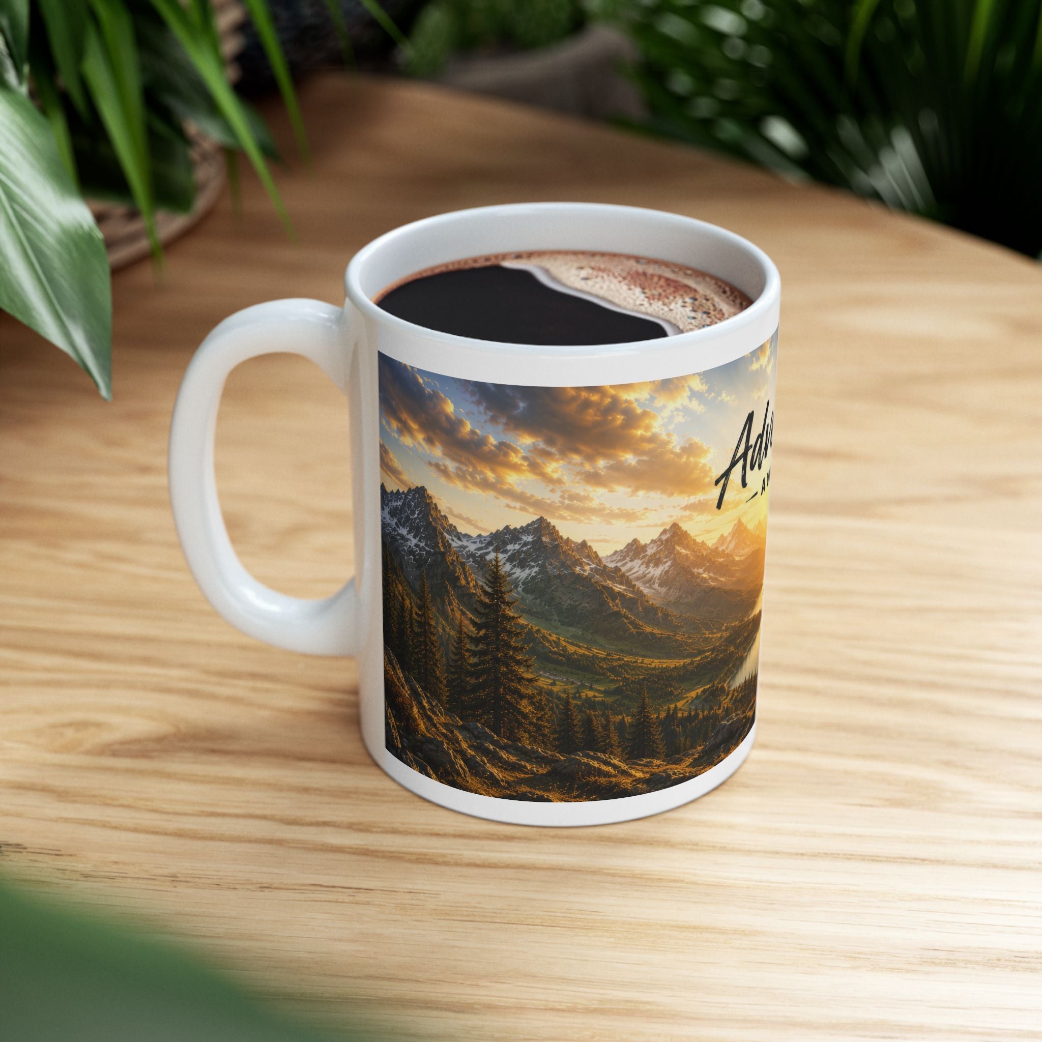 Adventure Ceramic Mug (11oz, 15oz) | Mountain Sunrise Coffee Mug | Planet of Thoughts