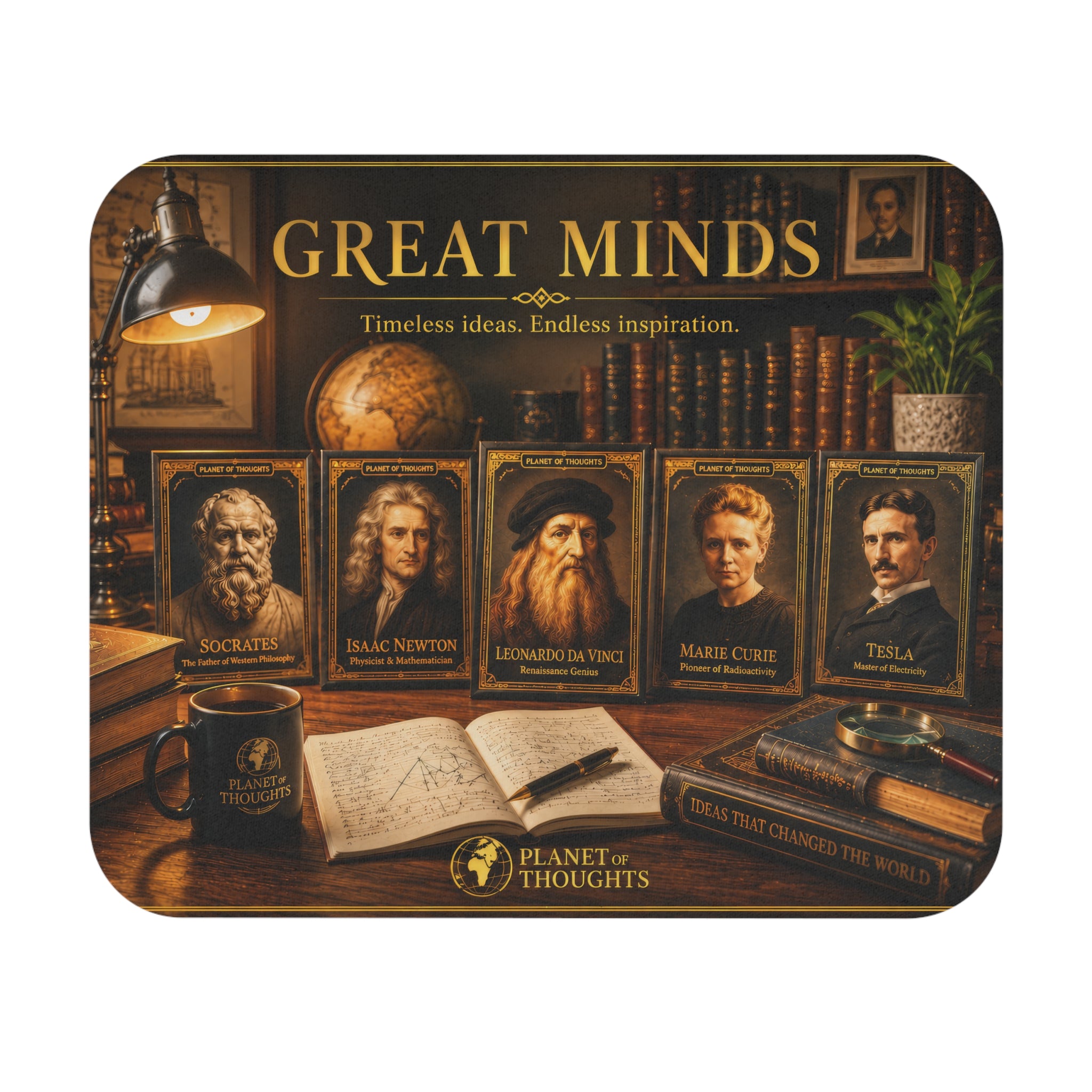 Great Minds Mouse Pad — Inspirational Desk Mat Featuring Famous Thinkers (Socrates, Newton, da Vinci, Curie, Tesla)