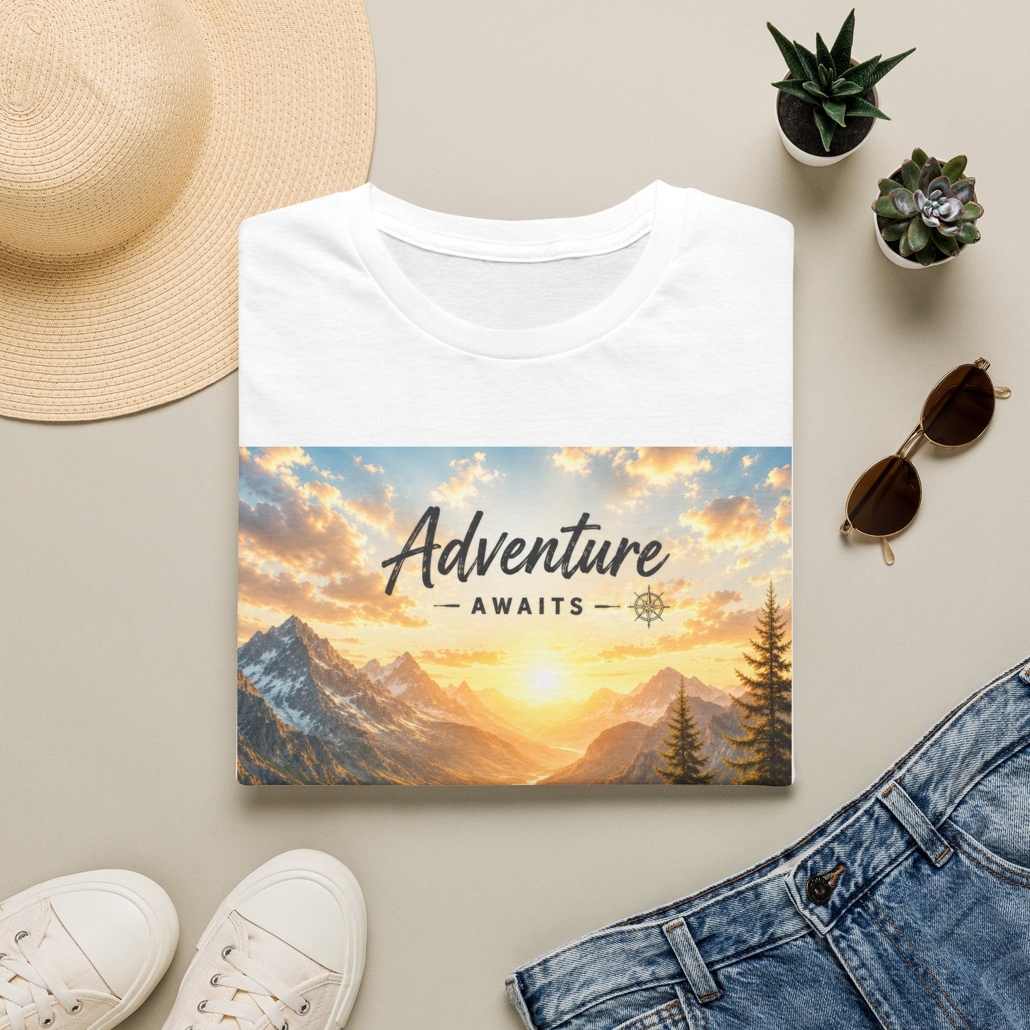 Adventure Awaits T-Shirt — Scenic Mountain Sunset Travel Tee