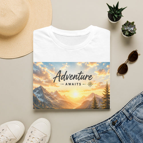 Adventure Awaits T-Shirt — Scenic Mountain Sunset Travel Tee