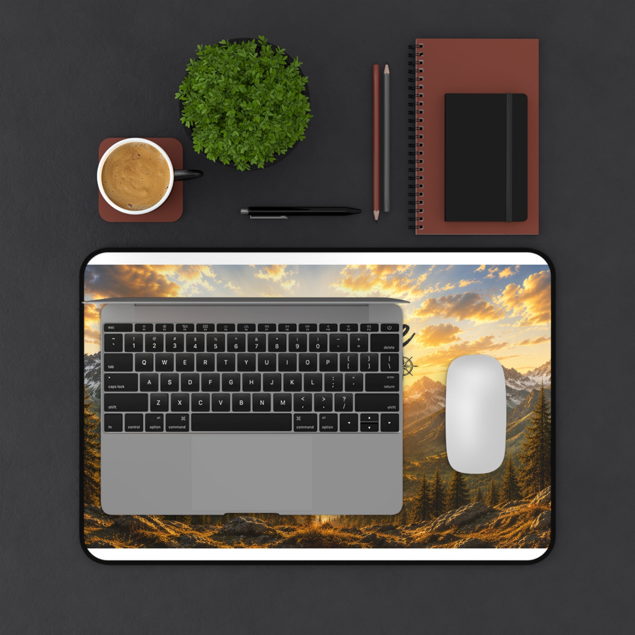 Adventure Awaits Desk Mat – Scenic Sunrise Mountain Mouse Pad | Planet of Thoughts