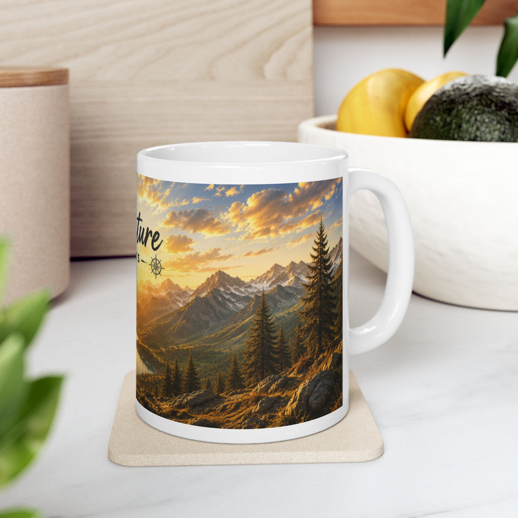 Adventure Ceramic Mug (11oz, 15oz) | Mountain Sunrise Coffee Mug | Planet of Thoughts