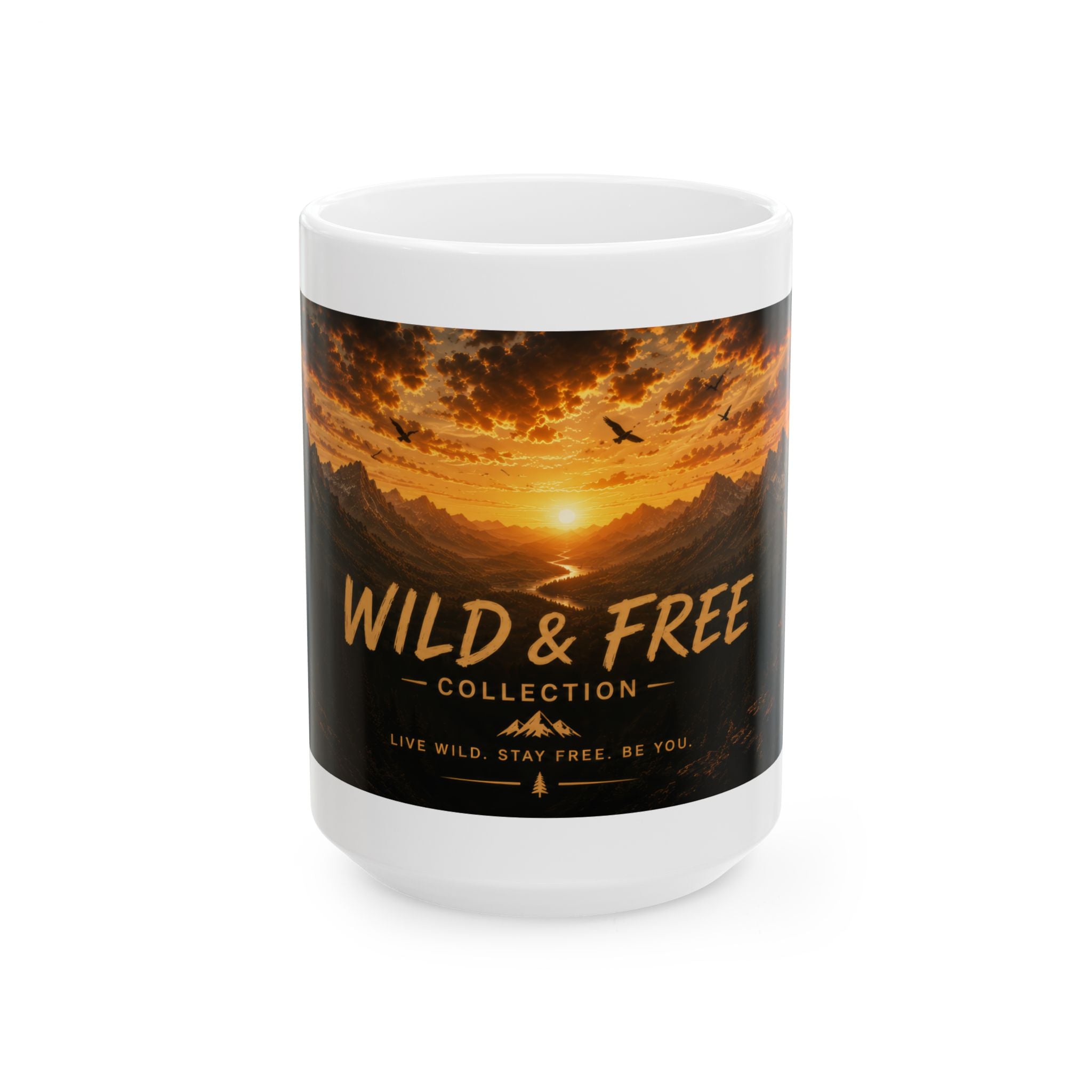 Wild & Free Ceramic Mug (11oz, 15oz) – Sunset Mountain Adventure Coffee Cup | Planet of Thoughts