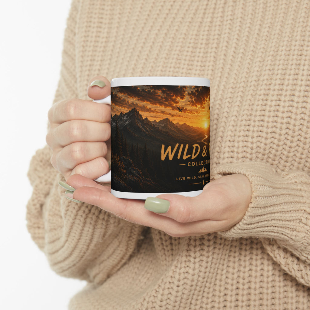 Wild & Free Ceramic Mug (11oz, 15oz) – Sunset Mountain Adventure Coffee Cup | Planet of Thoughts