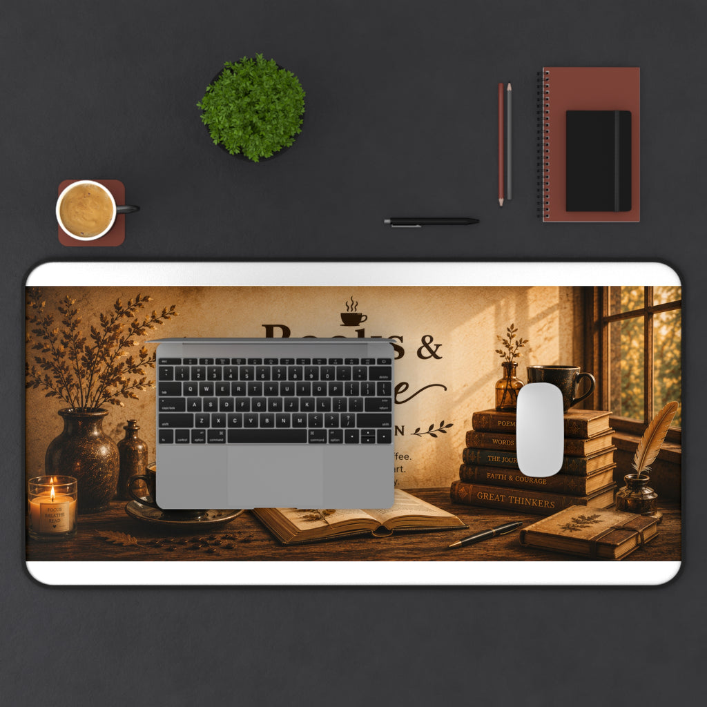 Books & Coffee Landscape Desk Mat — Gaming/Work Mouse Pad