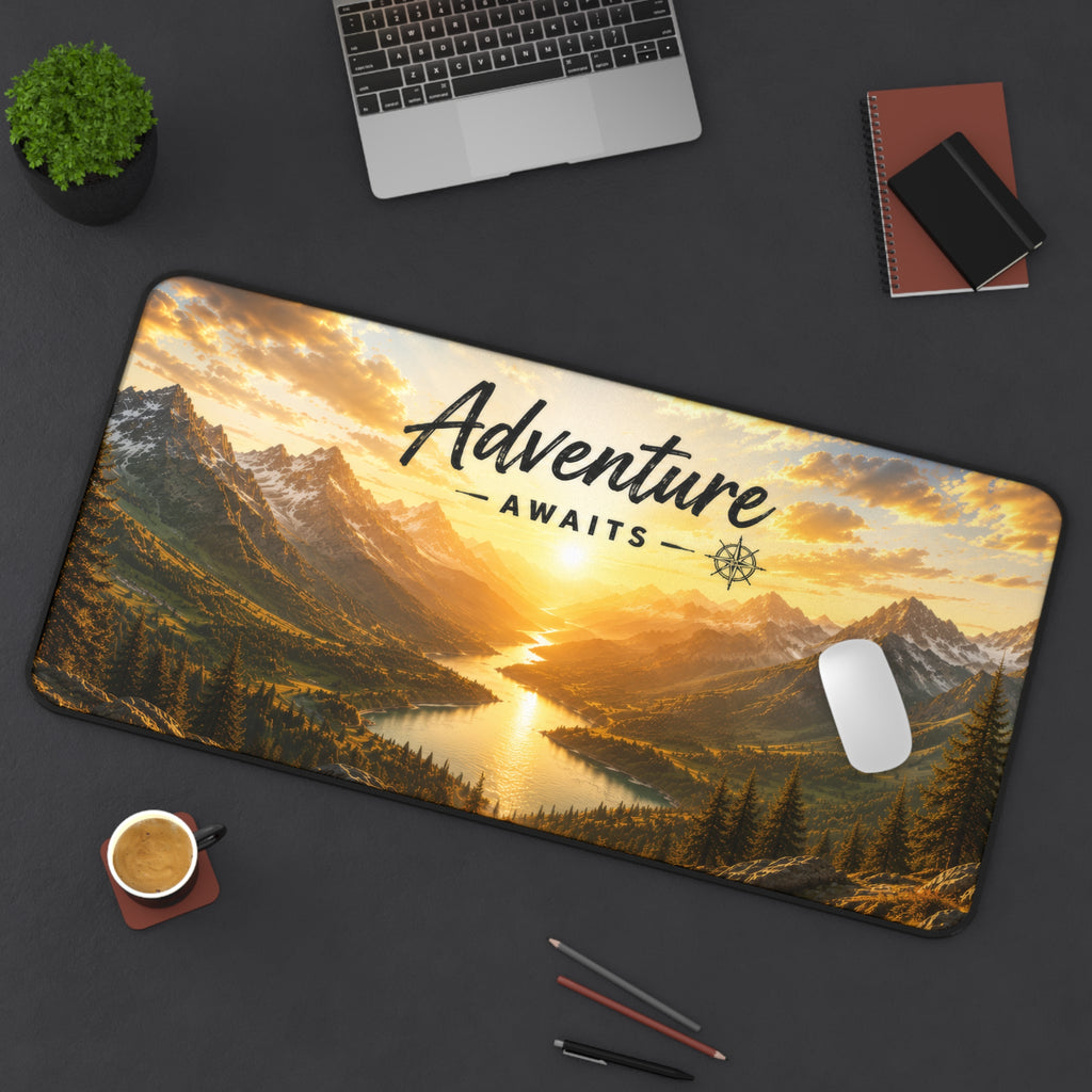 Adventure Awaits Desk Mat – Scenic Sunrise Mountain Mouse Pad | Planet of Thoughts