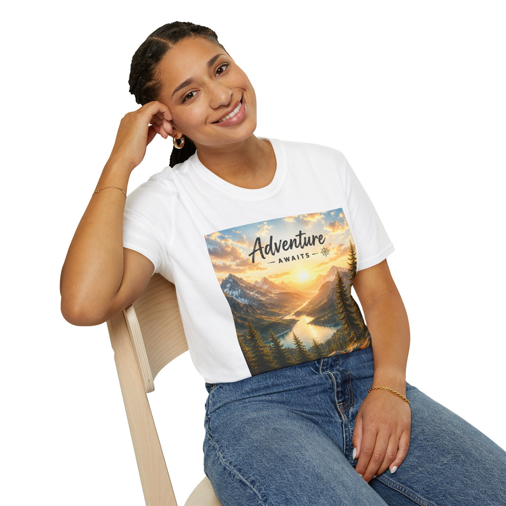 Adventure Awaits T-Shirt — Scenic Mountain Sunset Travel Tee