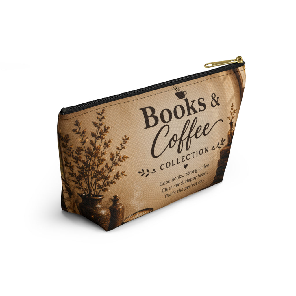 Books & Coffee Accessory Pouch — T-Bottom Makeup Bag for Readers and Coffee Lovers
