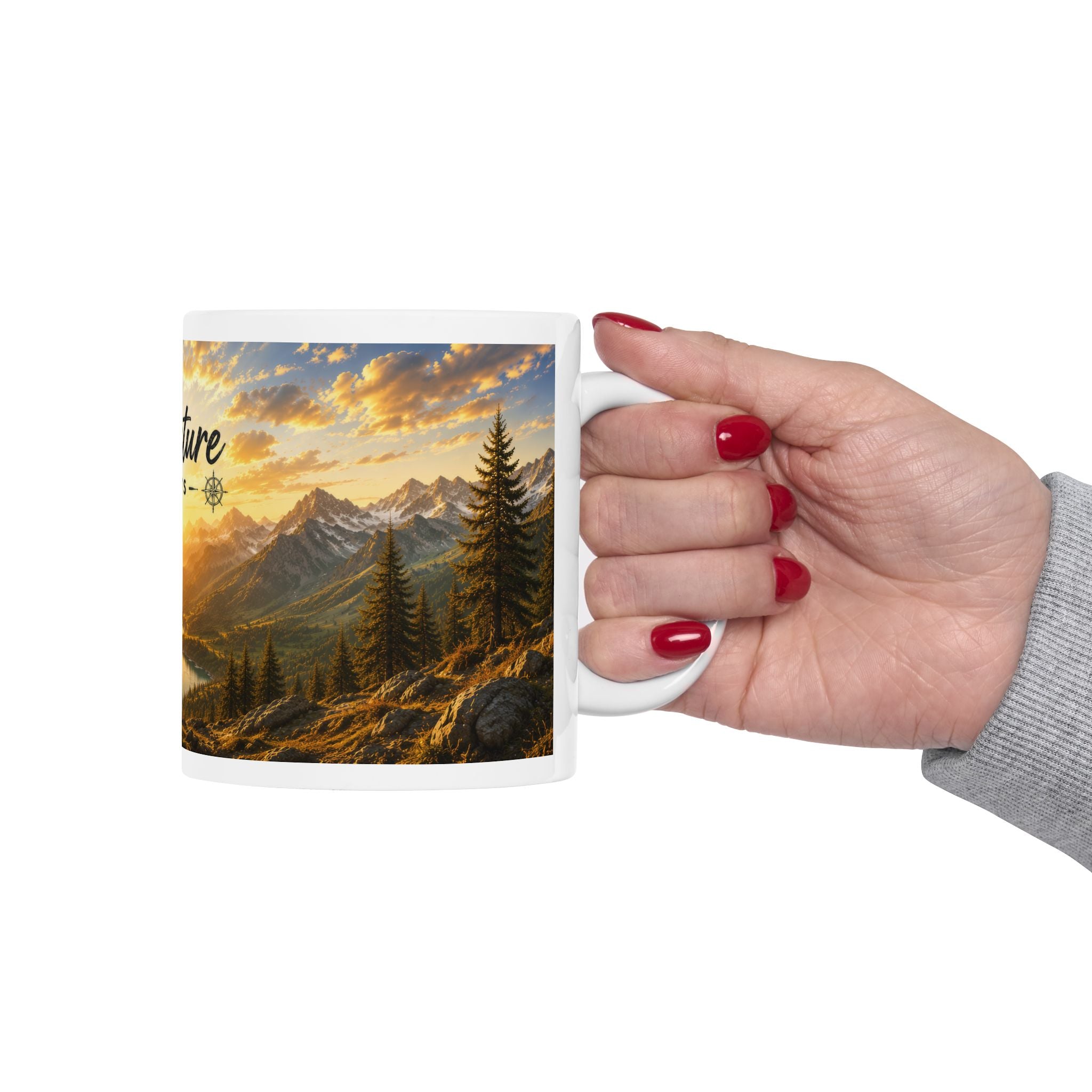 Adventure Ceramic Mug (11oz, 15oz) | Mountain Sunrise Coffee Mug | Planet of Thoughts