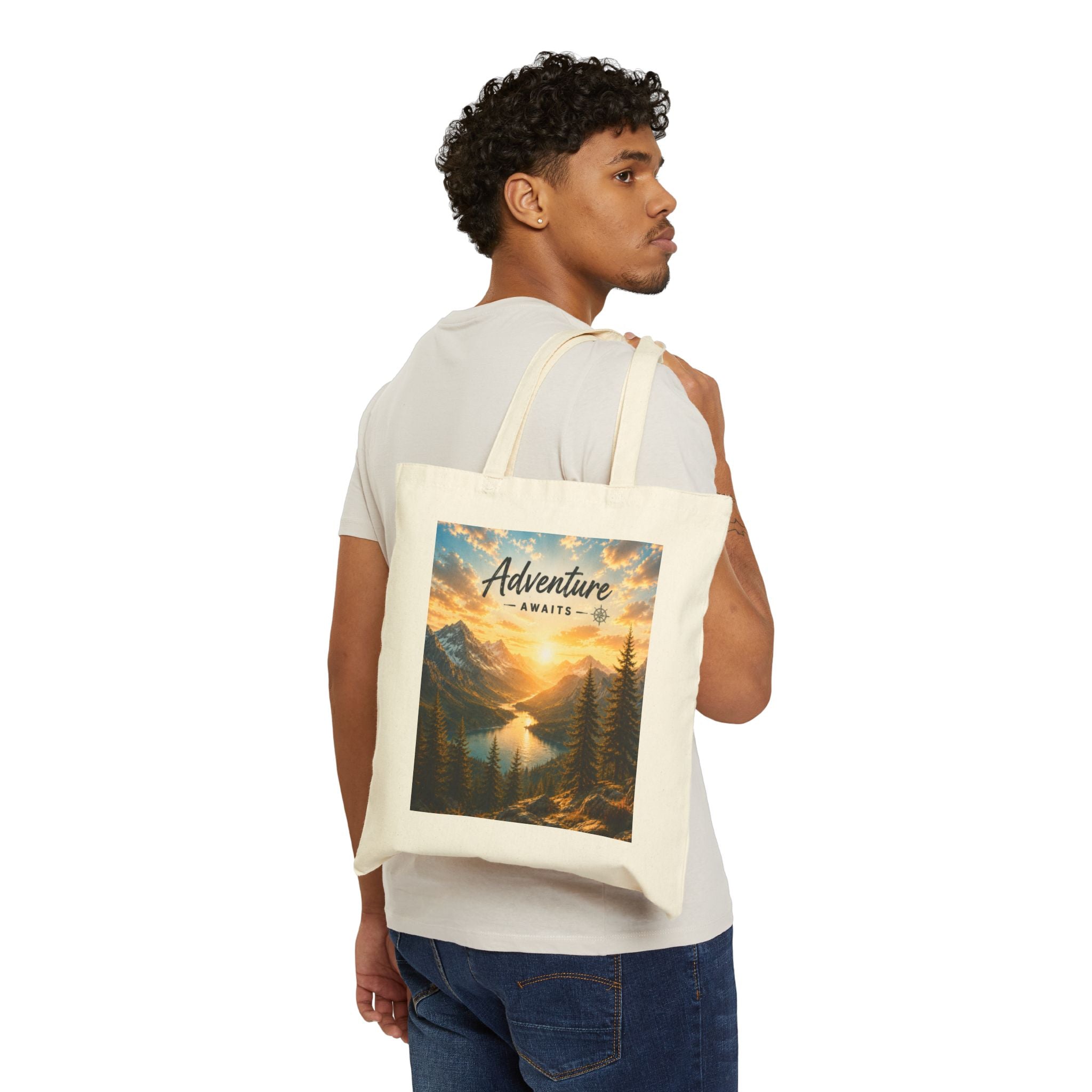 Adventure Awaits Canvas Tote — Scenic Mountain Lake Cotton Bag