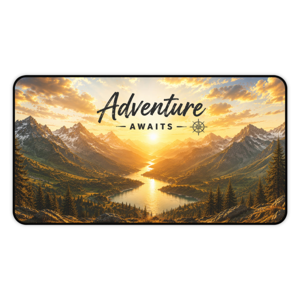 Adventure Awaits Desk Mat – Scenic Sunrise Mountain Mouse Pad | Planet of Thoughts
