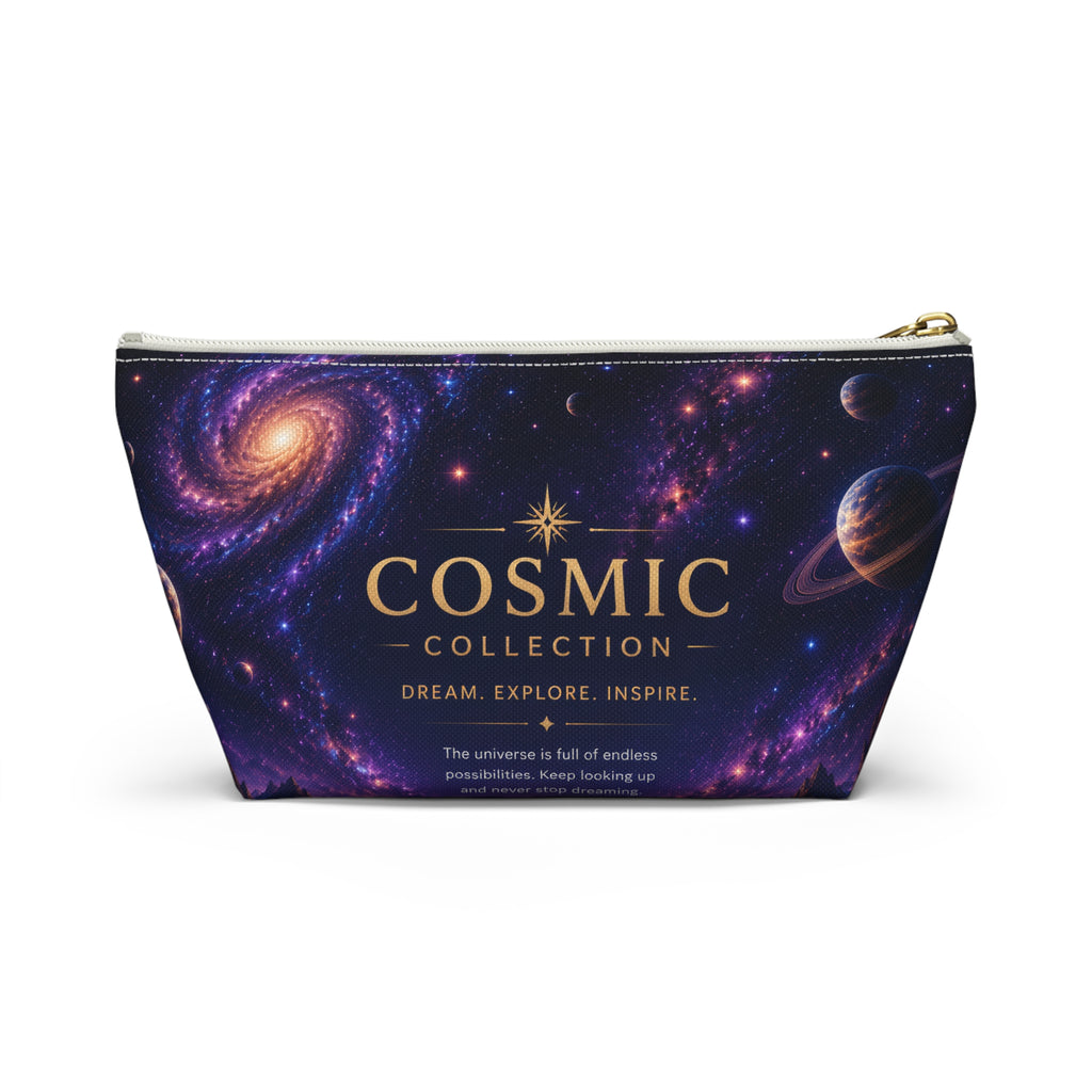 Cosmic Collection Accessory Pouch — Galaxy Print T-Bottom Makeup Bag ("COSMIC" Text)