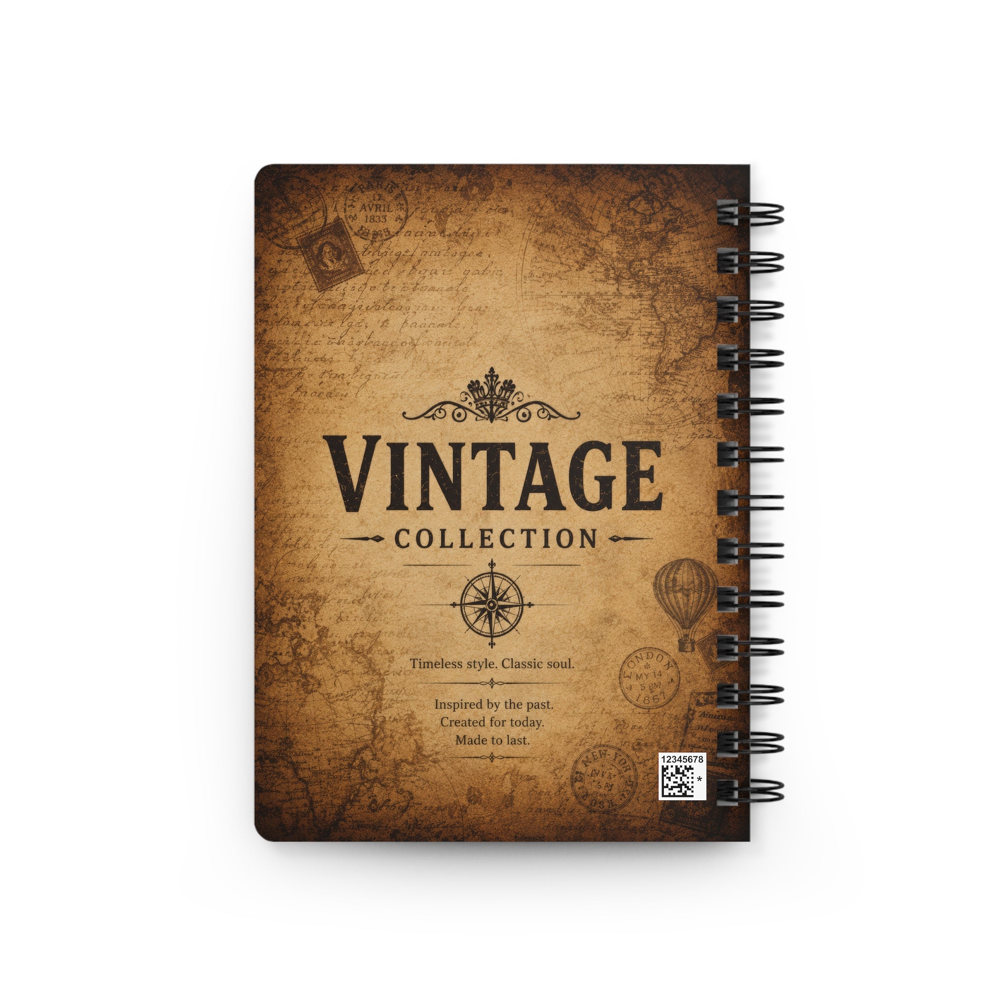 Vintage Spiral Journal – 'Vintage Collection' Travel Notebook, Retro Map & Compass Design