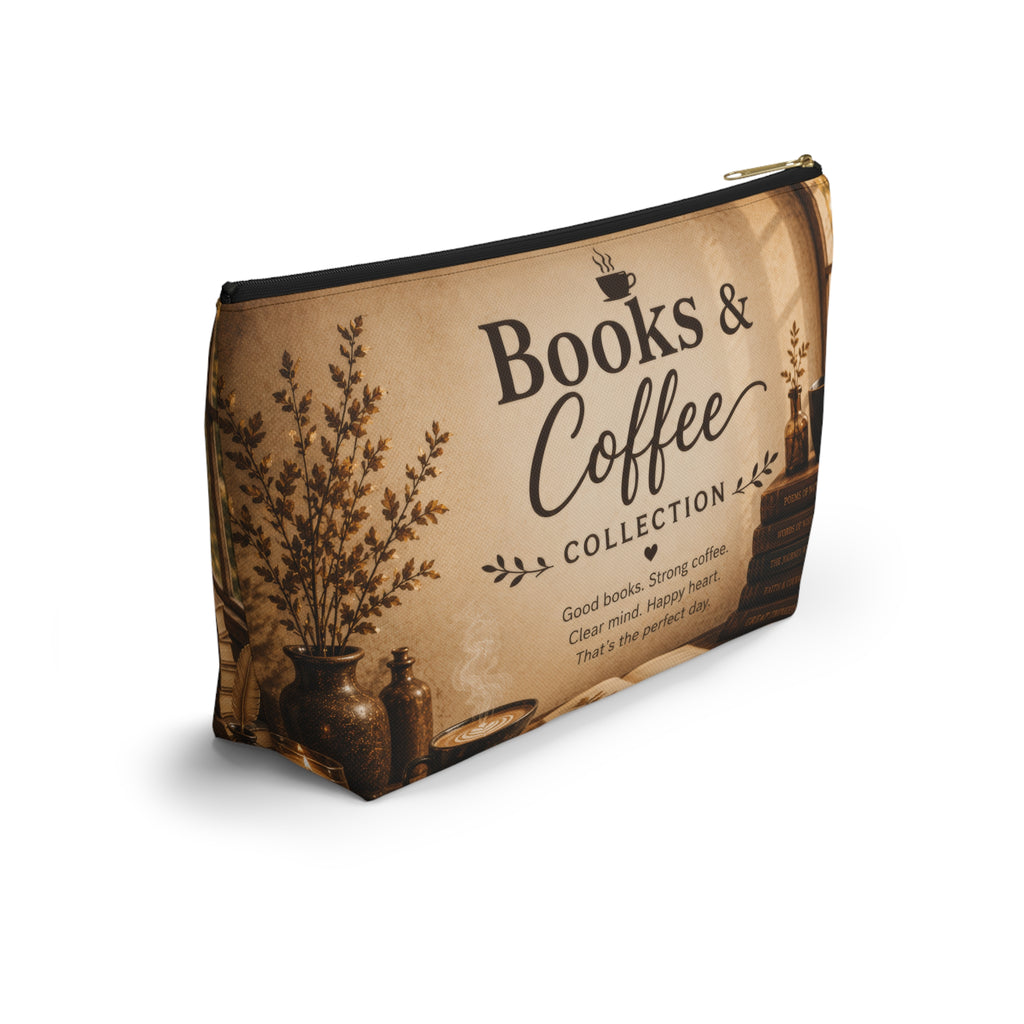 Books & Coffee Accessory Pouch — T-Bottom Makeup Bag for Readers and Coffee Lovers