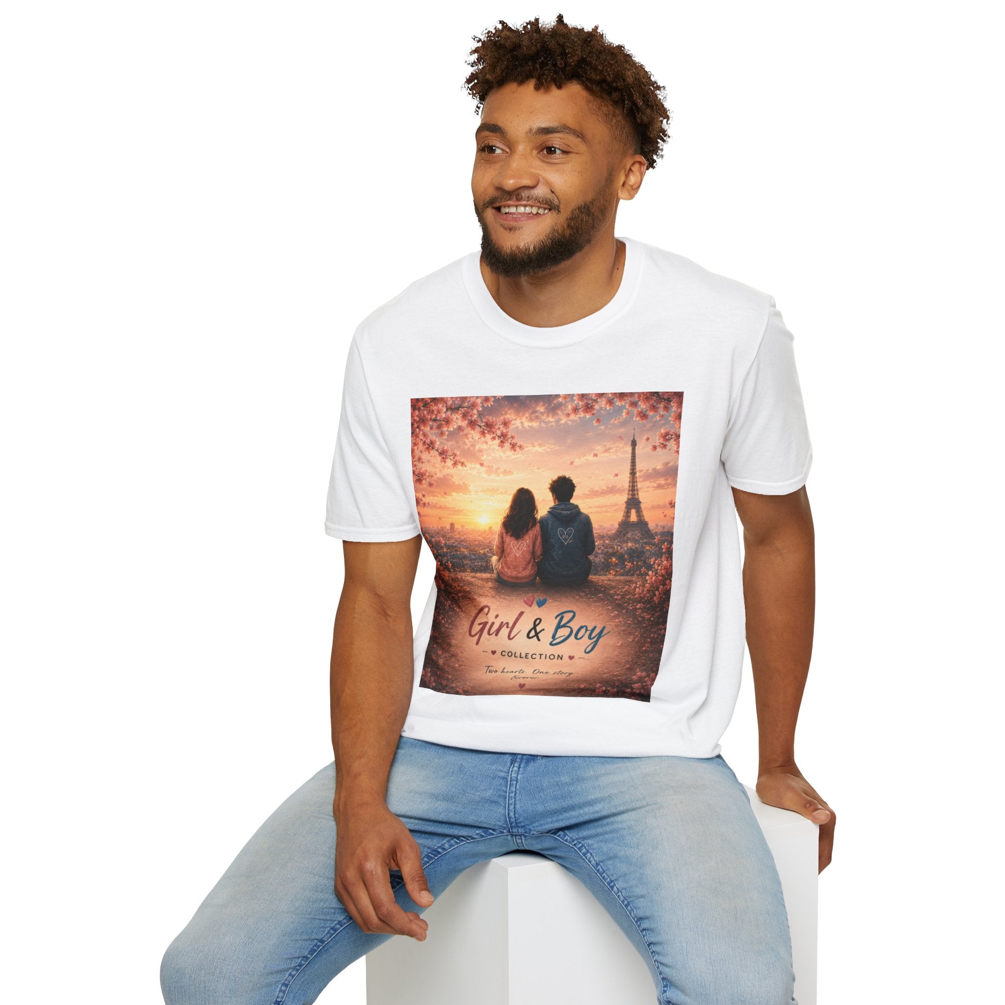 Girl & Boy T-Shirt — Couple in Paris Sunset Eiffel Romance Tee