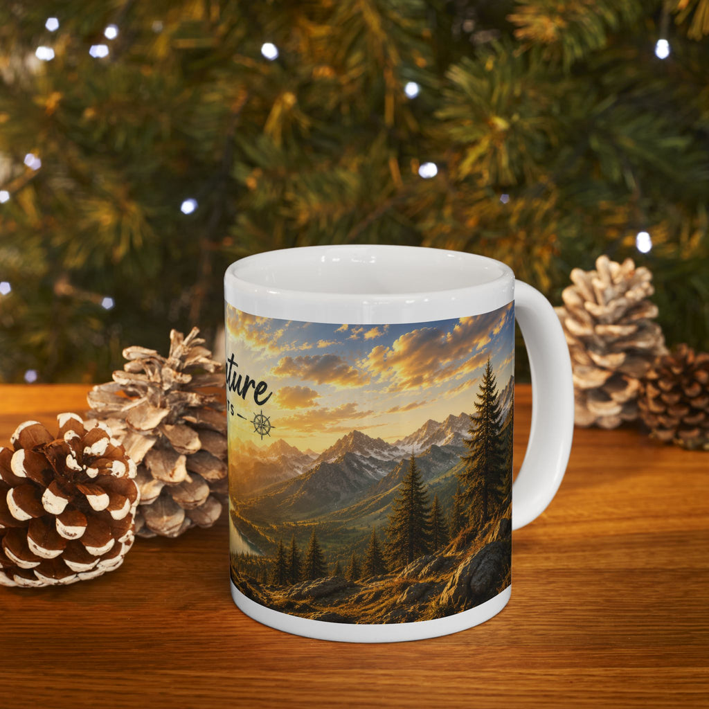 Adventure Ceramic Mug (11oz, 15oz) | Mountain Sunrise Coffee Mug | Planet of Thoughts