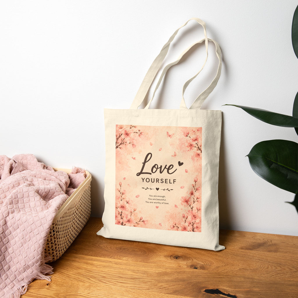 Love Yourself Floral Tote Bag – Self-Care Canvas Shopping Tote