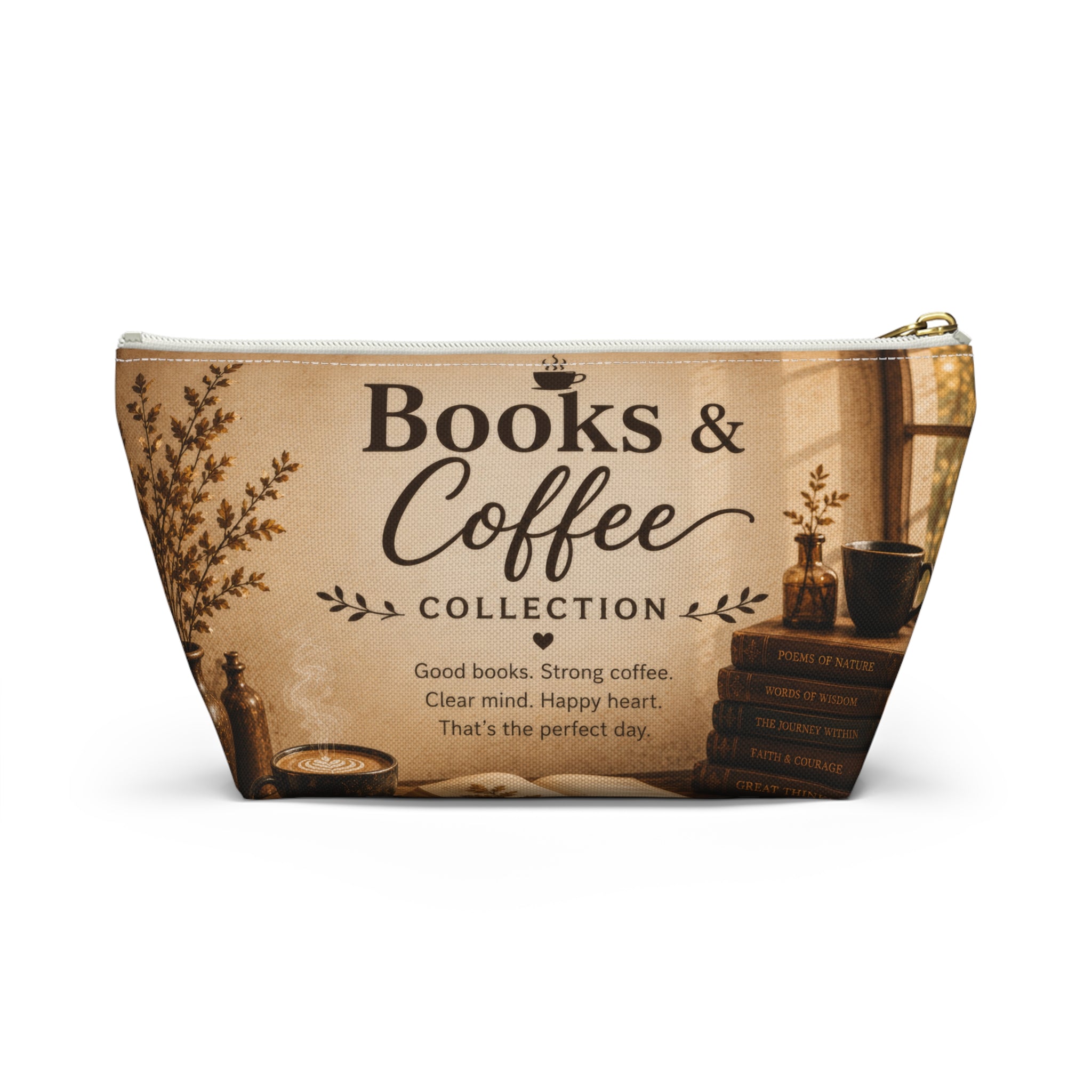 Books & Coffee Accessory Pouch — T-Bottom Makeup Bag for Readers and Coffee Lovers