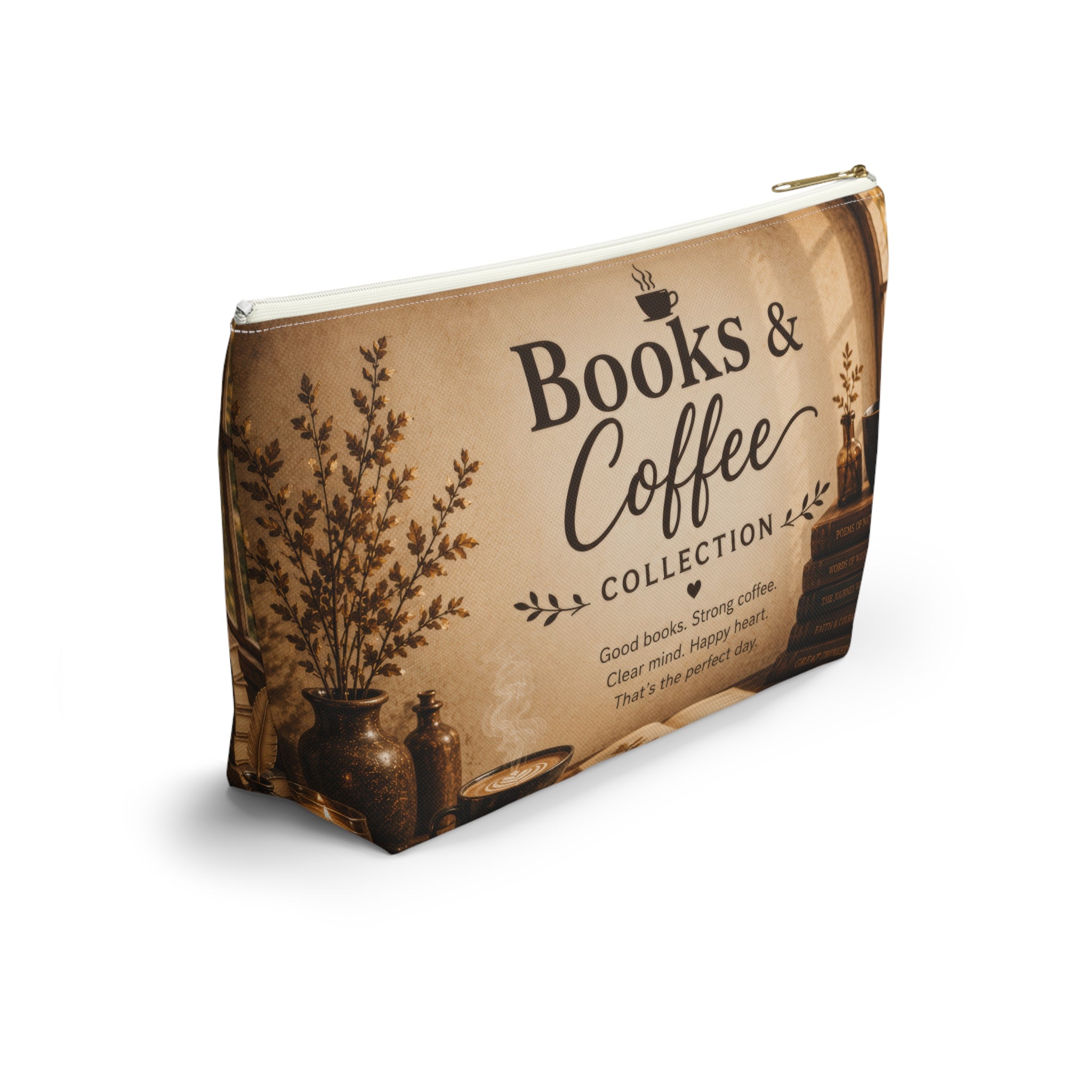 Books & Coffee Accessory Pouch — T-Bottom Makeup Bag for Readers and Coffee Lovers