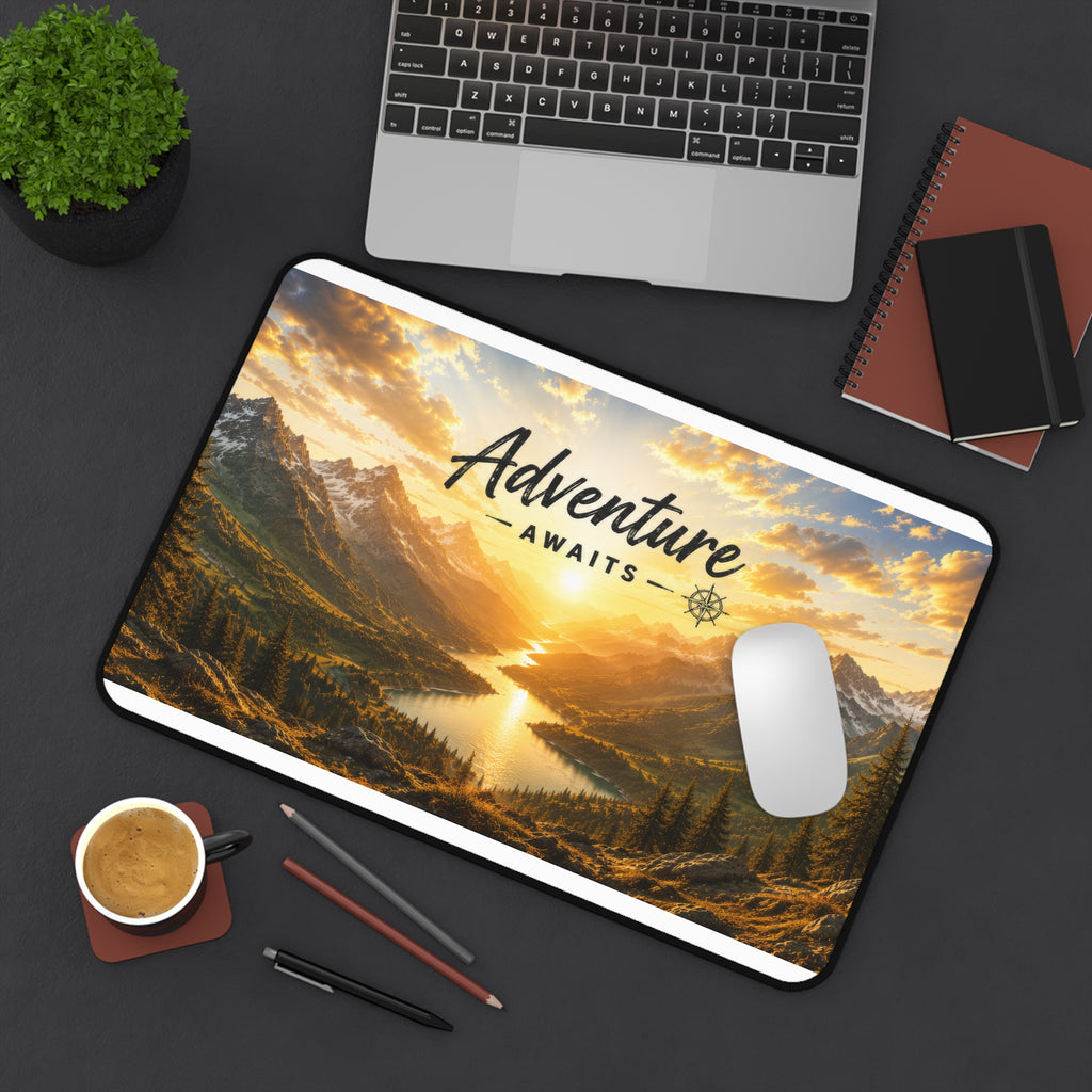 Adventure Awaits Desk Mat – Scenic Sunrise Mountain Mouse Pad | Planet of Thoughts