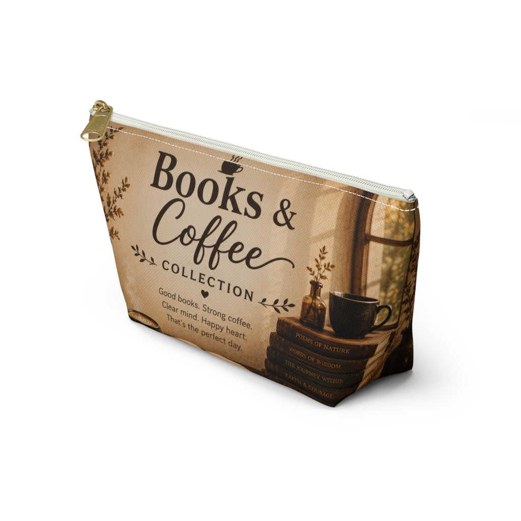 Books & Coffee Accessory Pouch — T-Bottom Makeup Bag for Readers and Coffee Lovers