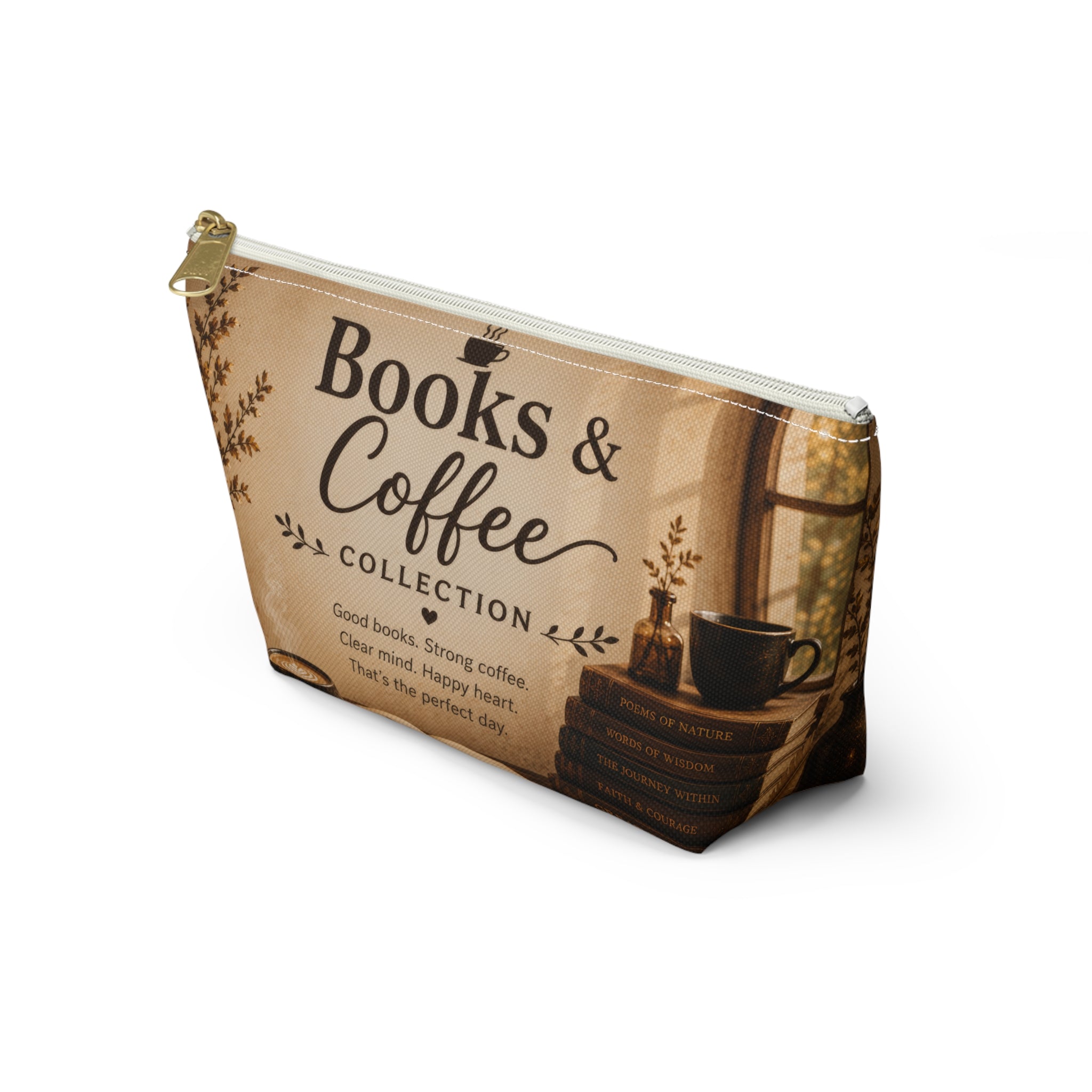 Books & Coffee Accessory Pouch — T-Bottom Makeup Bag for Readers and Coffee Lovers