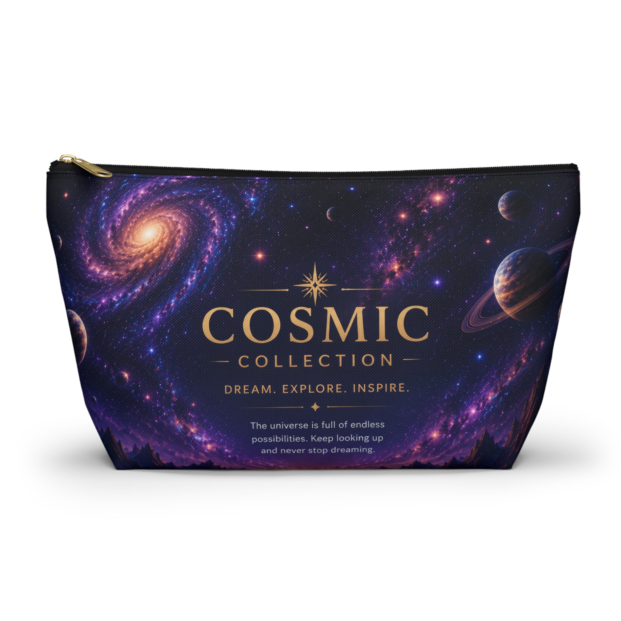 Cosmic Collection Accessory Pouch — Galaxy Print T-Bottom Makeup Bag ("COSMIC" Text)