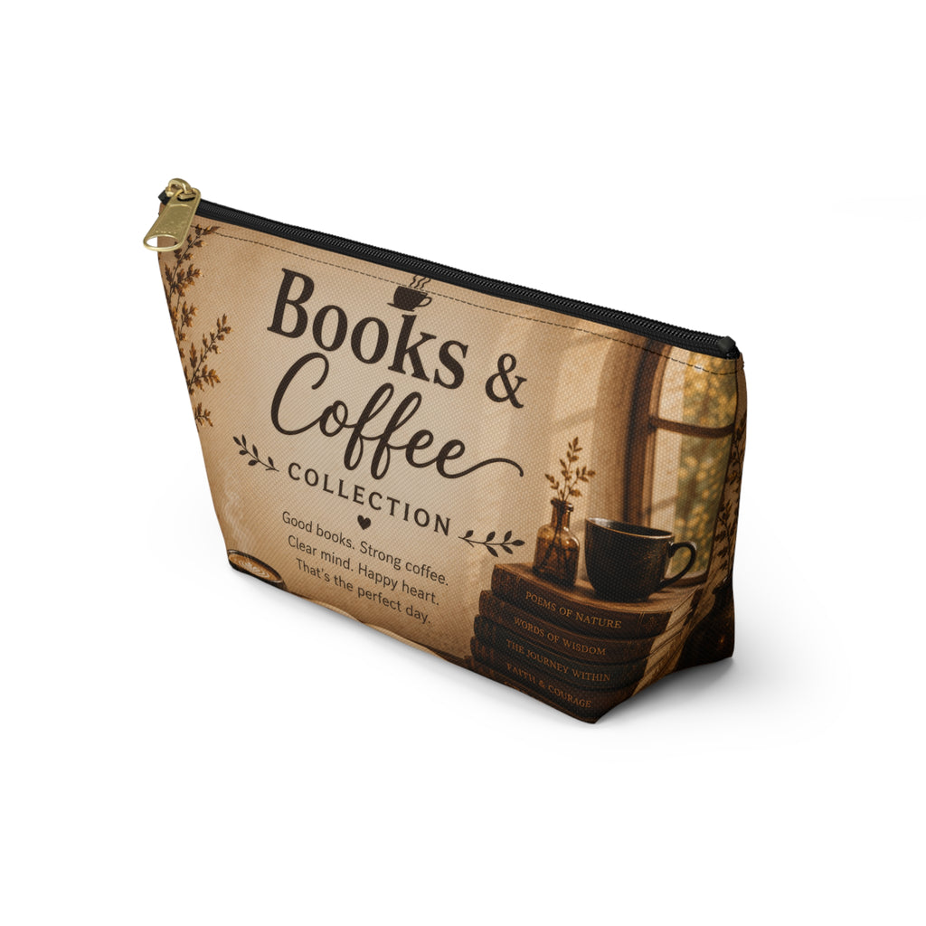 Books & Coffee Accessory Pouch — T-Bottom Makeup Bag for Readers and Coffee Lovers