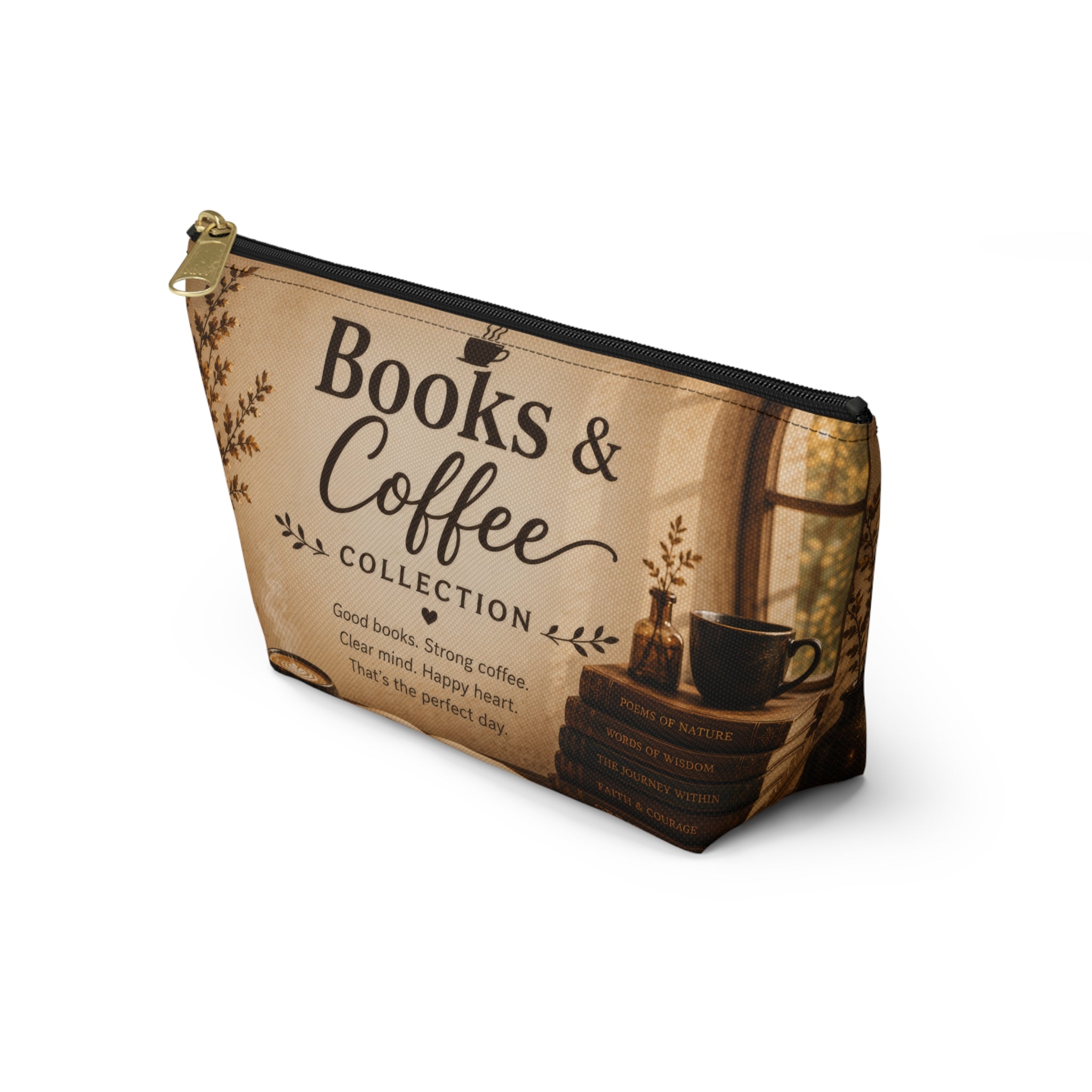 Books & Coffee Accessory Pouch — T-Bottom Makeup Bag for Readers and Coffee Lovers