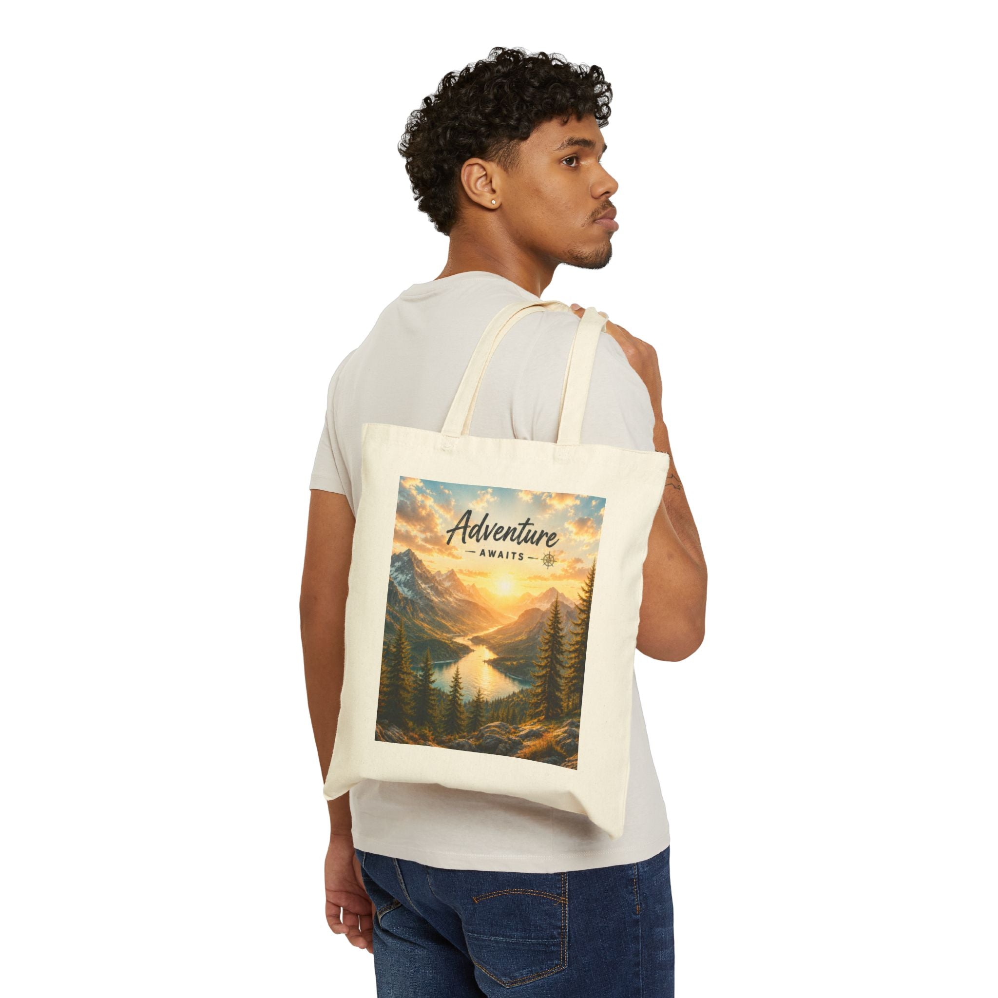 Adventure Awaits Canvas Tote — Scenic Mountain Lake Cotton Bag