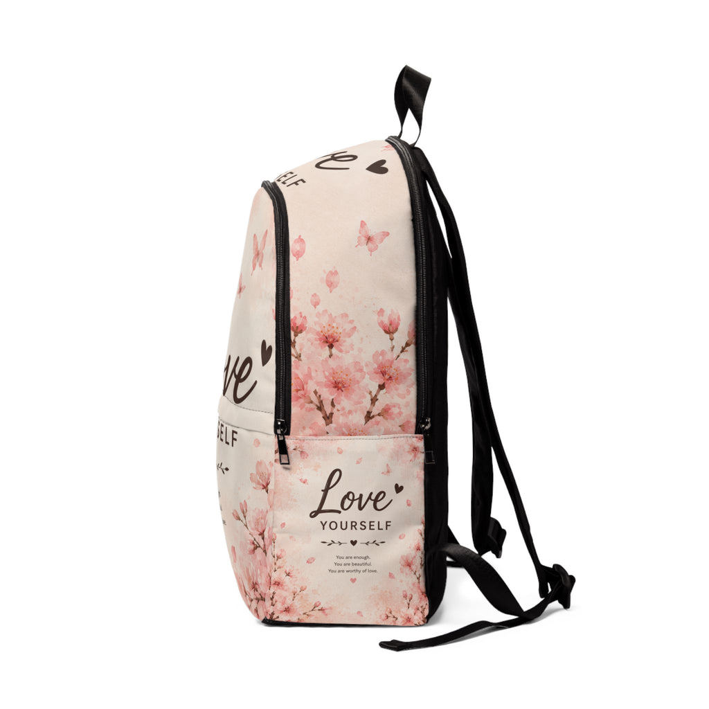 Love Yourself Floral Backpack — Inspirational Cherry Blossom School Bag