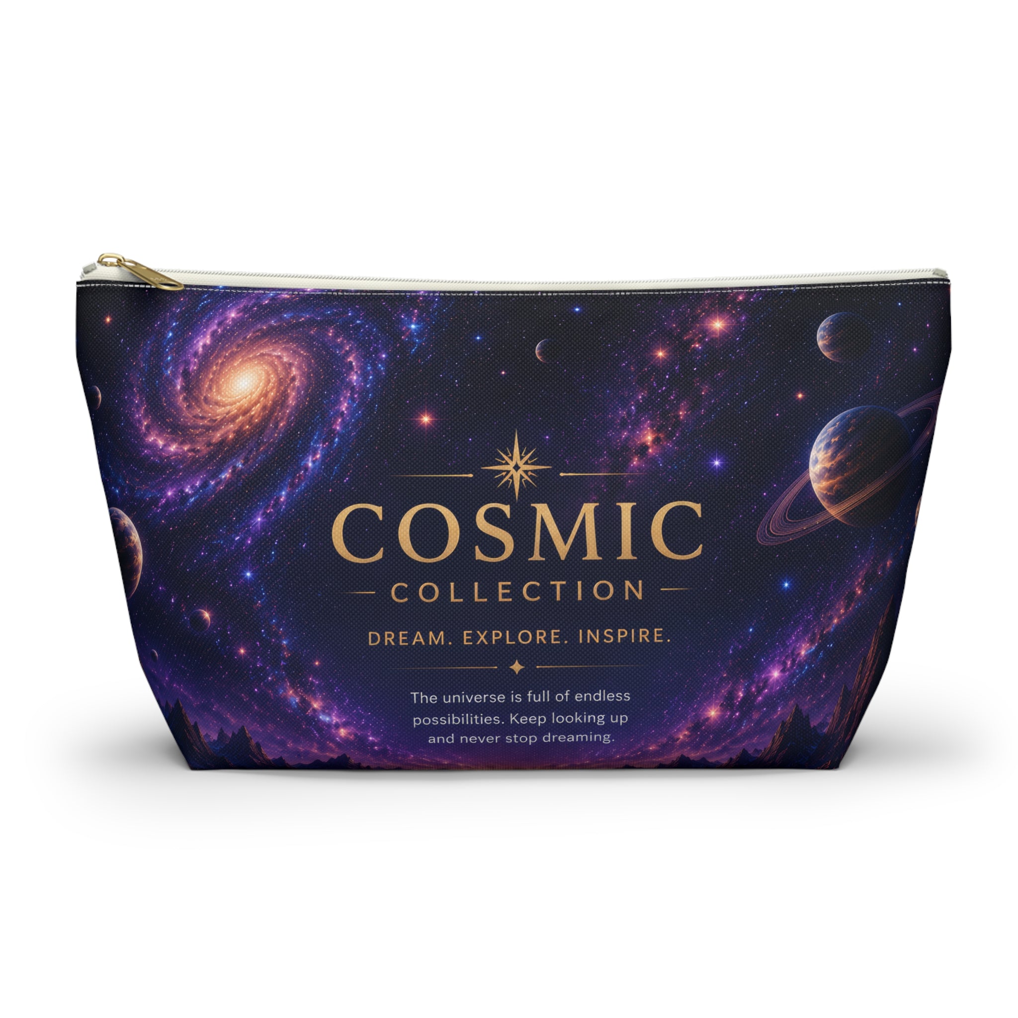 Cosmic Collection Accessory Pouch — Galaxy Print T-Bottom Makeup Bag ("COSMIC" Text)
